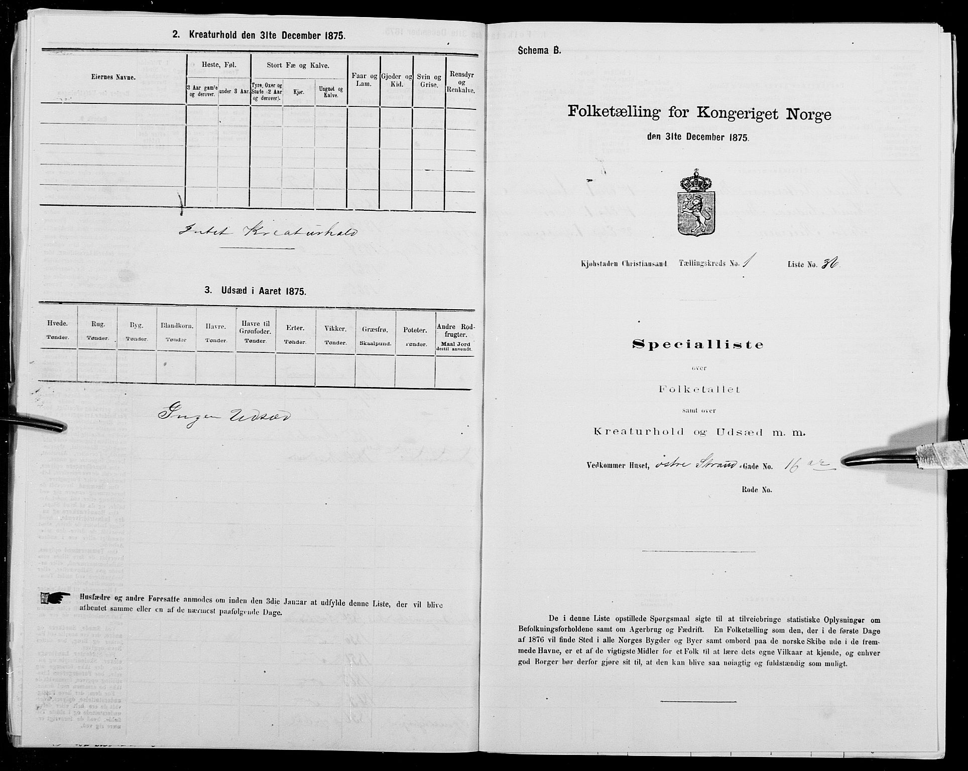 SAK, Folketelling 1875 for 1001P Kristiansand prestegjeld, 1875, s. 92