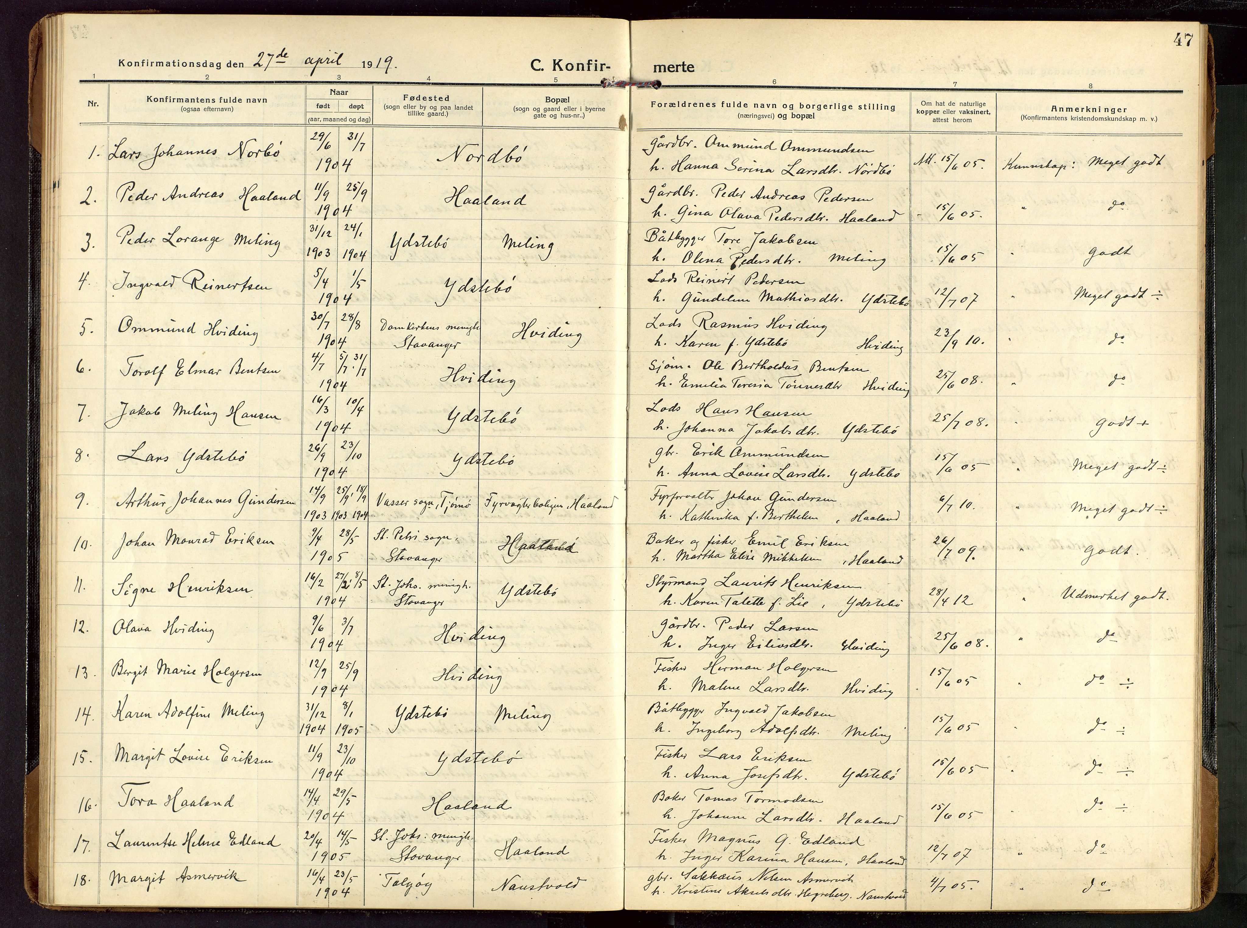 Rennesøy sokneprestkontor, AV/SAST-A -101827/H/Ha/Haa/L0018: Ministerialbok nr. A 18, 1917-1937, s. 47