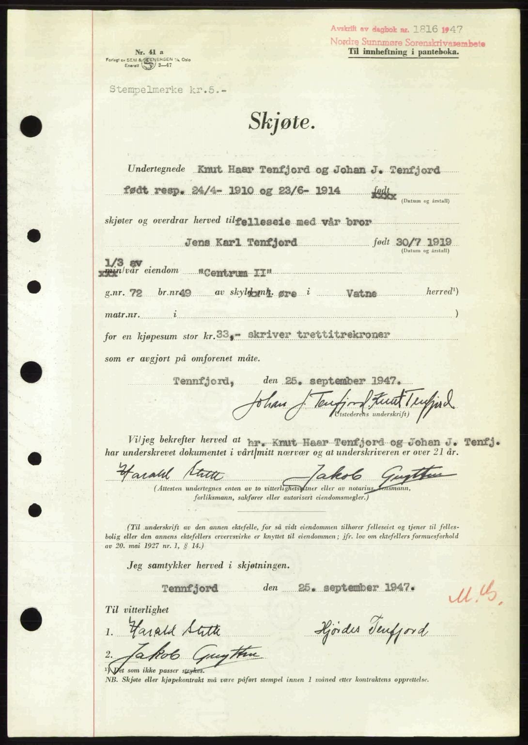 Nordre Sunnmøre sorenskriveri, AV/SAT-A-0006/1/2/2C/2Ca: Pantebok nr. A25, 1947-1947, Dagboknr: 1816/1947