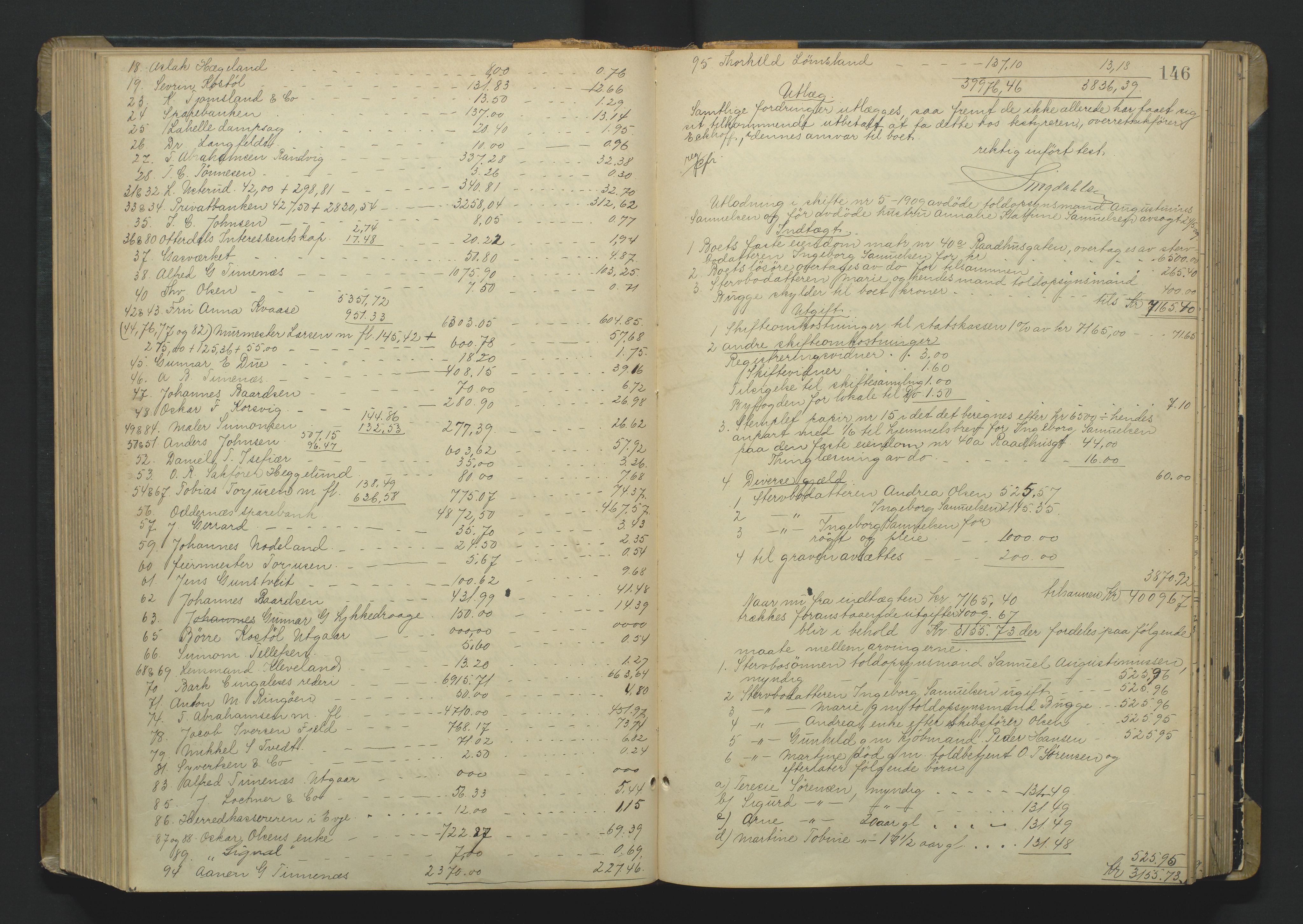 Kristiansand byrett, AV/SAK-1223-0001/H/Hc/L0060: Skifteutlodningsprotokoll nr. 6, med register, 1903-1916, s. 146
