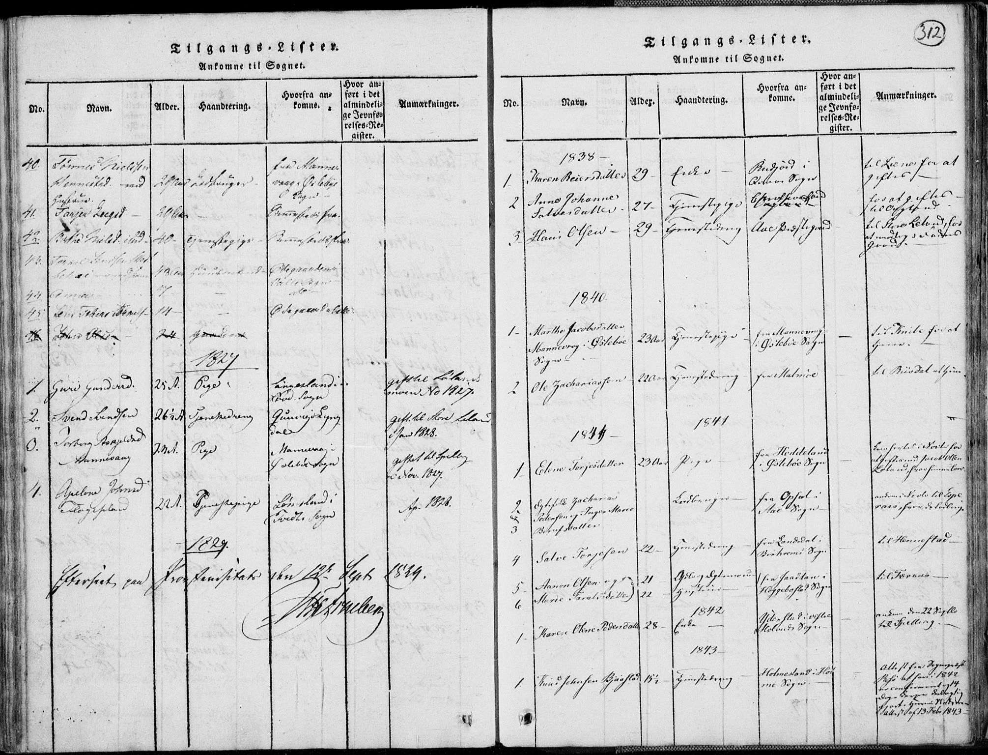 Nord-Audnedal sokneprestkontor, SAK/1111-0032/F/Fb/Fbb/L0001: Klokkerbok nr. B 1, 1816-1858, s. 312