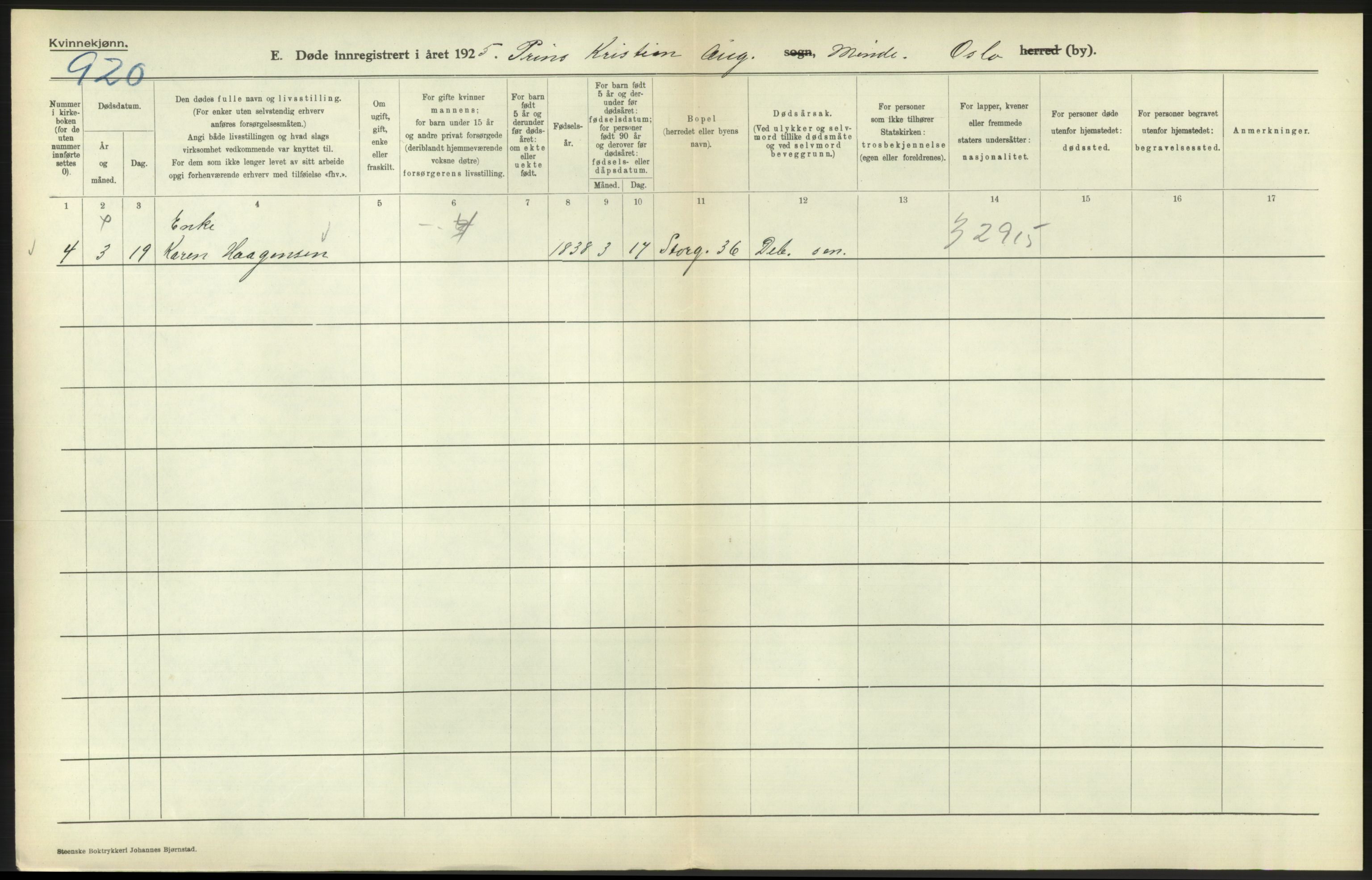 Statistisk sentralbyrå, Sosiodemografiske emner, Befolkning, AV/RA-S-2228/D/Df/Dfc/Dfce/L0010: Oslo: Døde kvinner, dødfødte, 1925, s. 716