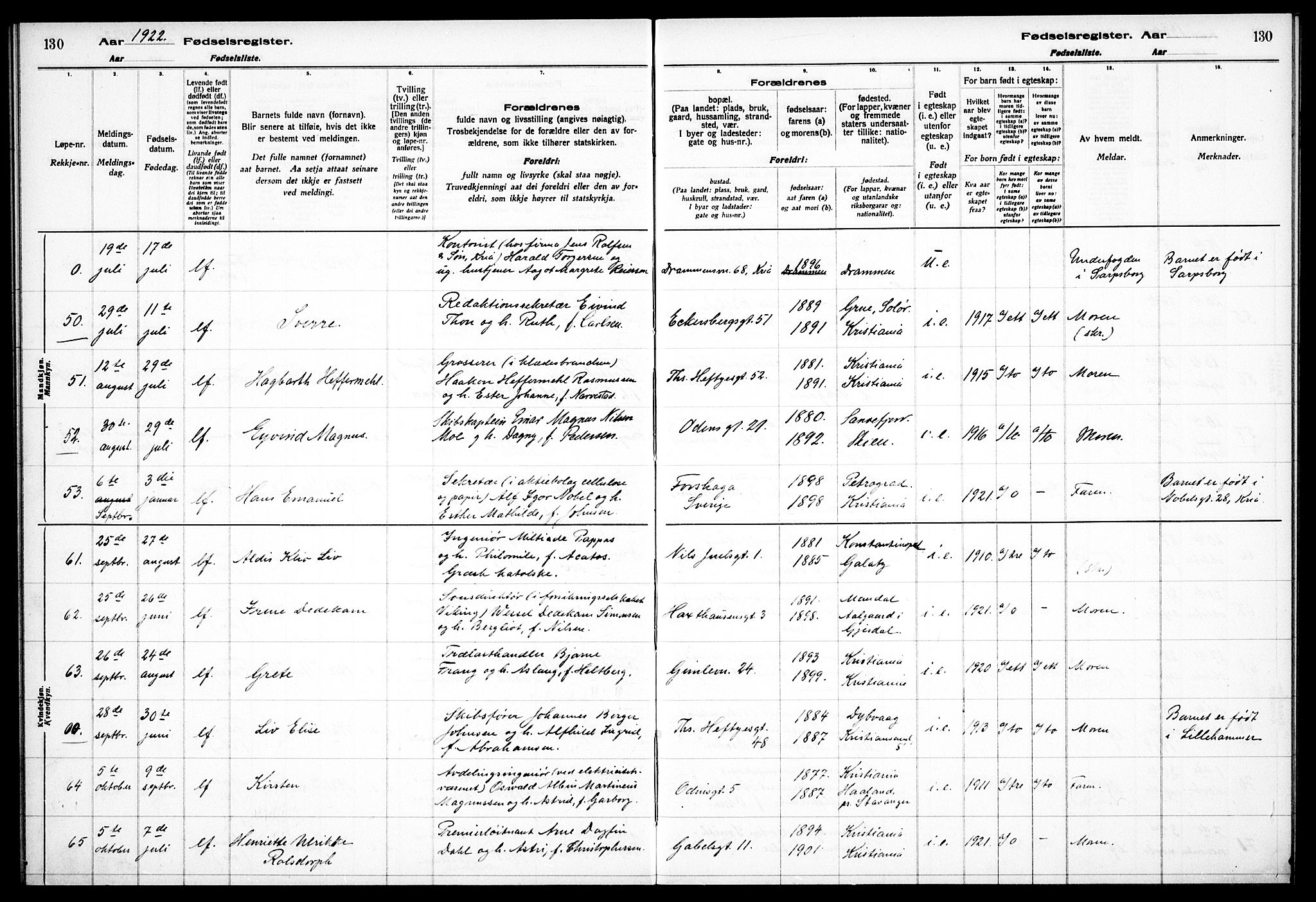 Frogner prestekontor Kirkebøker, AV/SAO-A-10886/J/Ja/L0001: Fødselsregister nr. 1, 1916-1927, s. 130