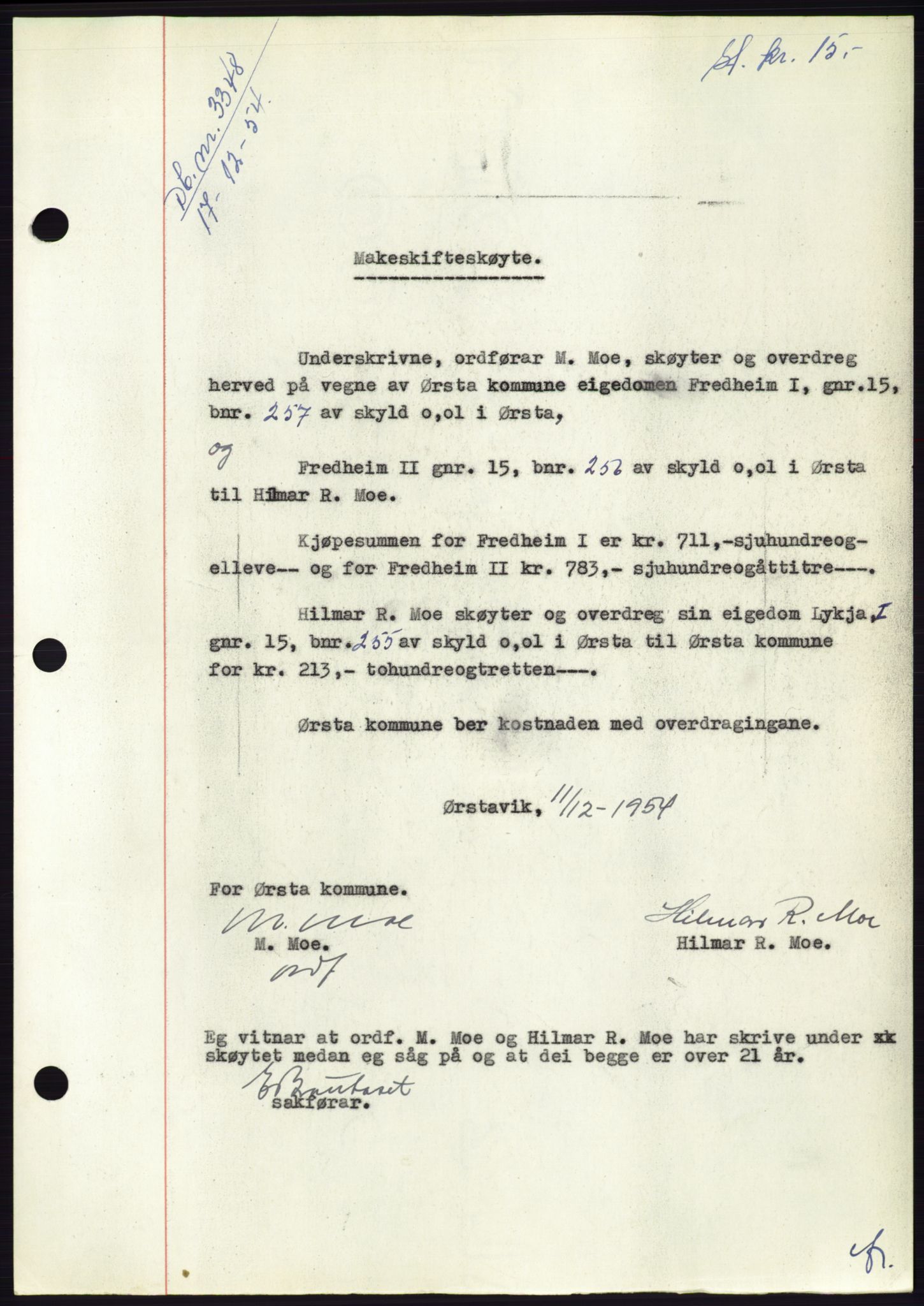 Søre Sunnmøre sorenskriveri, AV/SAT-A-4122/1/2/2C/L0099: Pantebok nr. 25A, 1954-1954, Dagboknr: 3348/1954