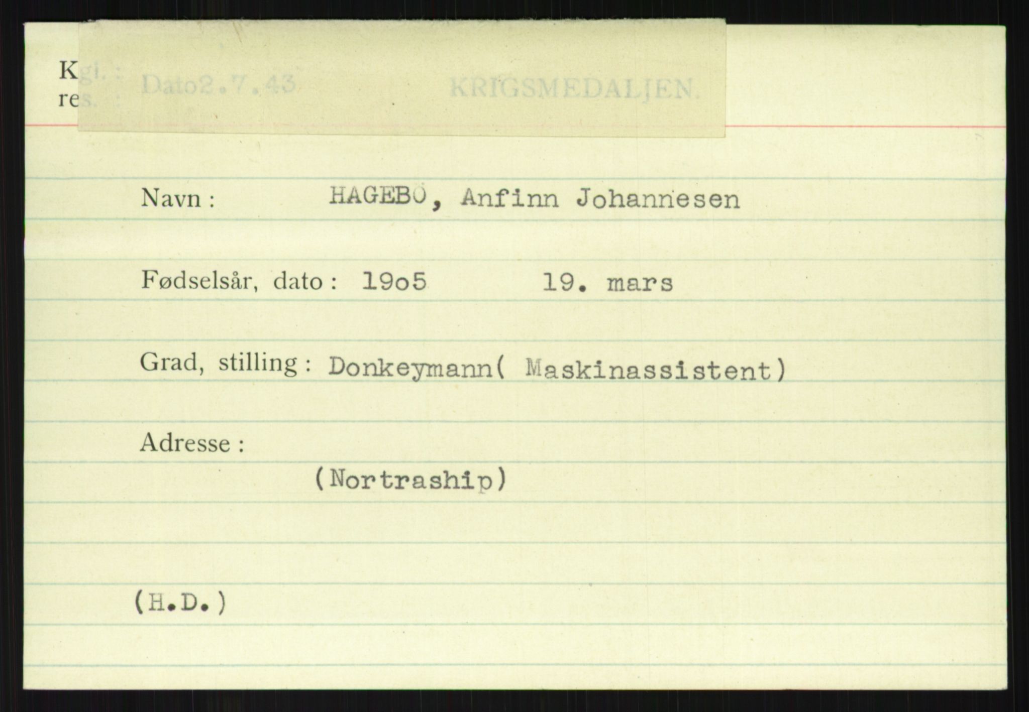 Direktoratet for sjømenn, AV/RA-S-3545/G/Gi/L0005: Alfabetisk ordnet kartotek over krigsdekorasjoner tildelt nordmenn under krigen, Ekeberg - Hendriksen, 1940-1945, s. 1081