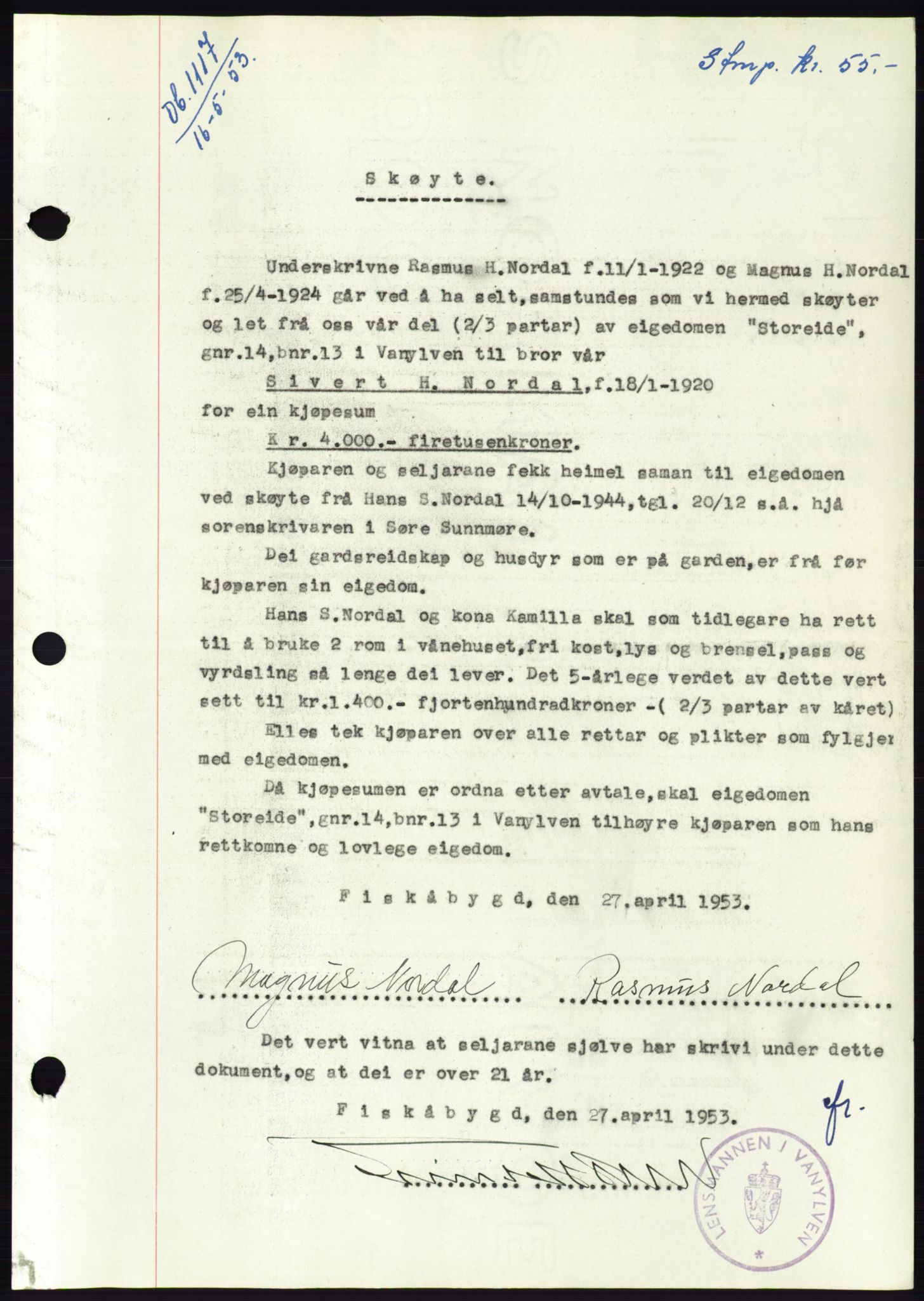 Søre Sunnmøre sorenskriveri, AV/SAT-A-4122/1/2/2C/L0095: Pantebok nr. 21A, 1953-1953, Dagboknr: 1117/1953