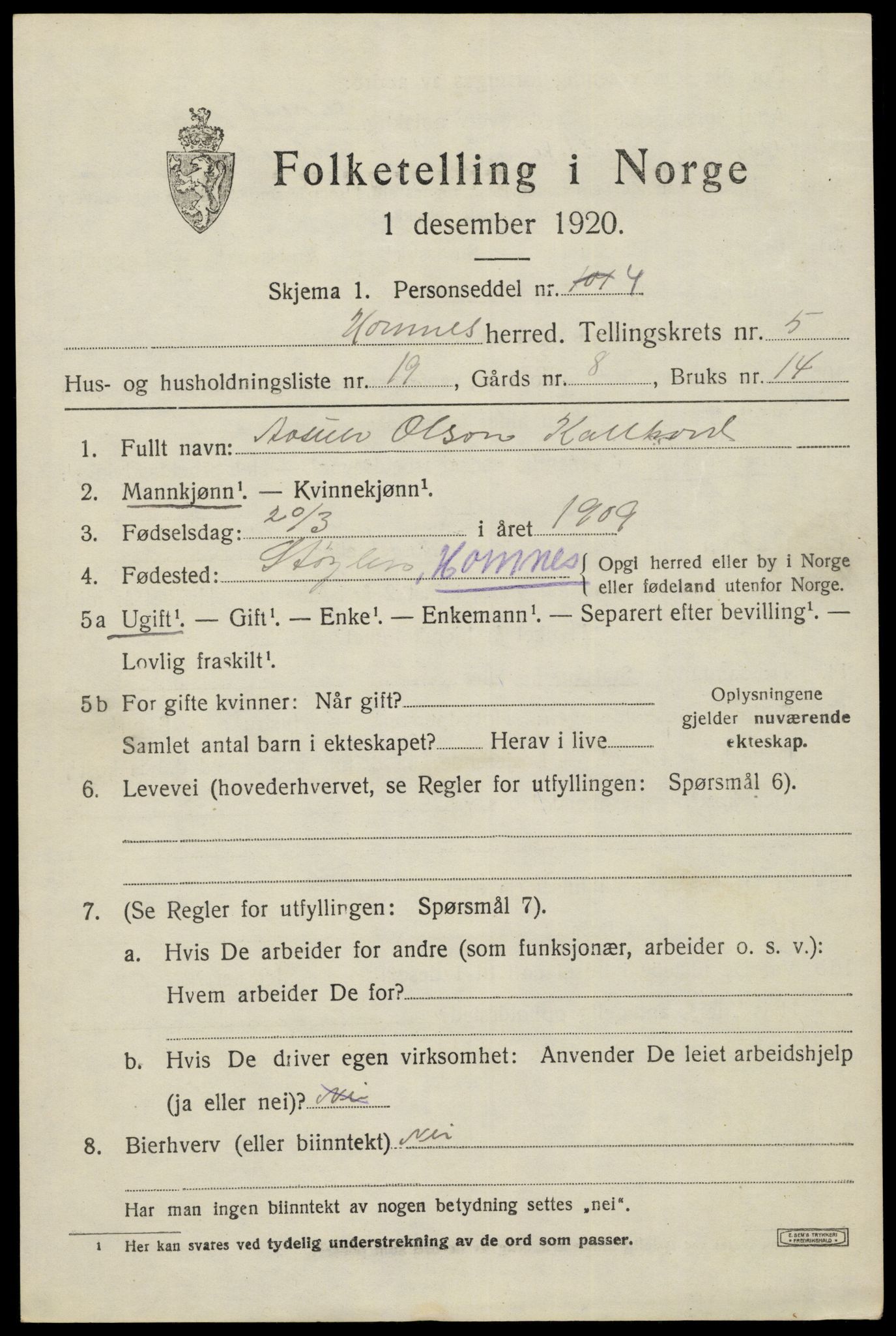 SAK, Folketelling 1920 for 0936 Hornnes herred, 1920, s. 1535