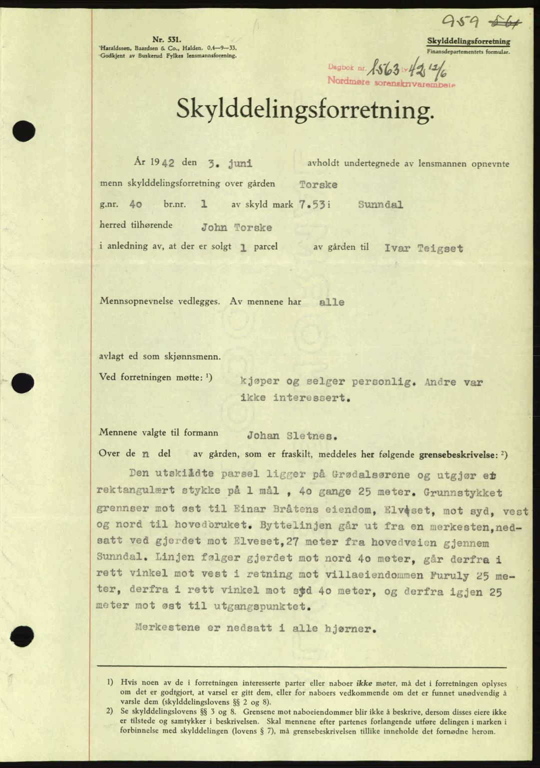 Nordmøre sorenskriveri, SAT/A-4132/1/2/2Ca: Pantebok nr. A92, 1942-1942, Dagboknr: 1563/1942