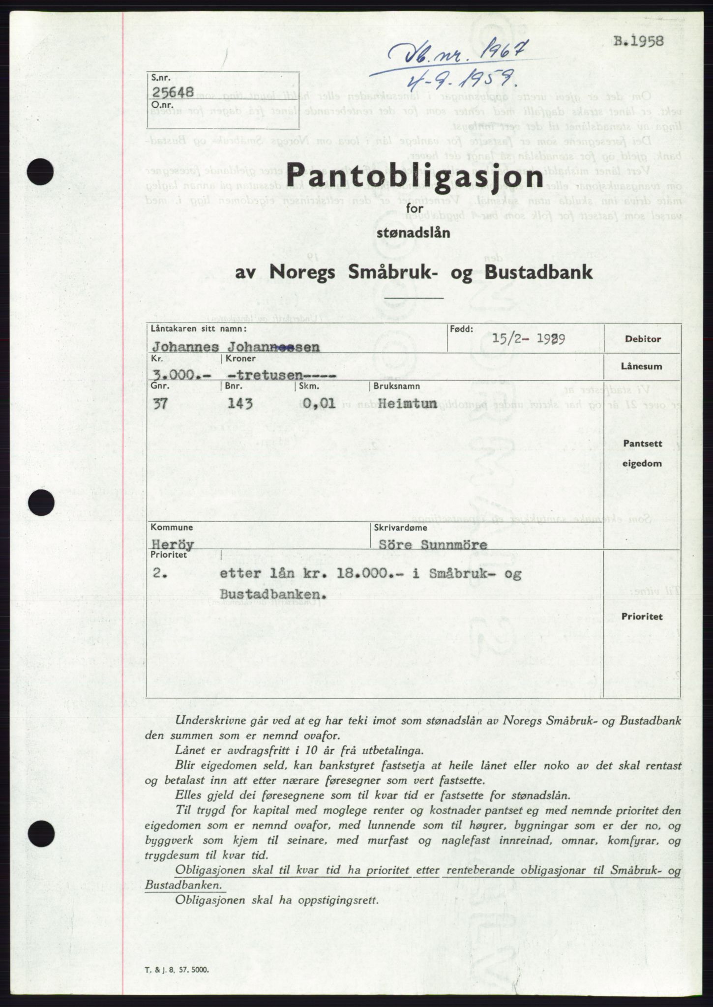 Søre Sunnmøre sorenskriveri, SAT/A-4122/1/2/2C/L0133: Pantebok nr. 21B, 1959-1959, Dagboknr: 1967/1959