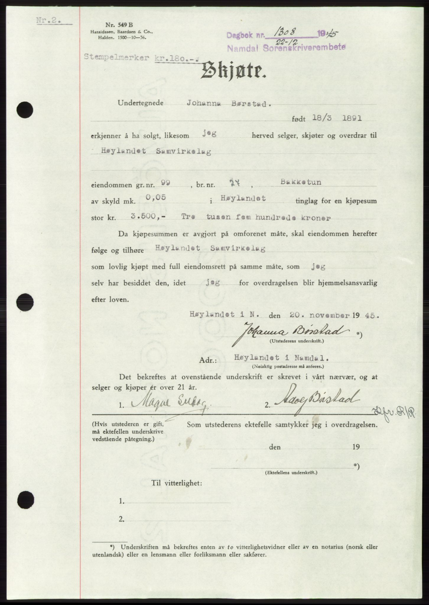 Namdal sorenskriveri, SAT/A-4133/1/2/2C: Pantebok nr. -, 1944-1945, Dagboknr: 1308/1945