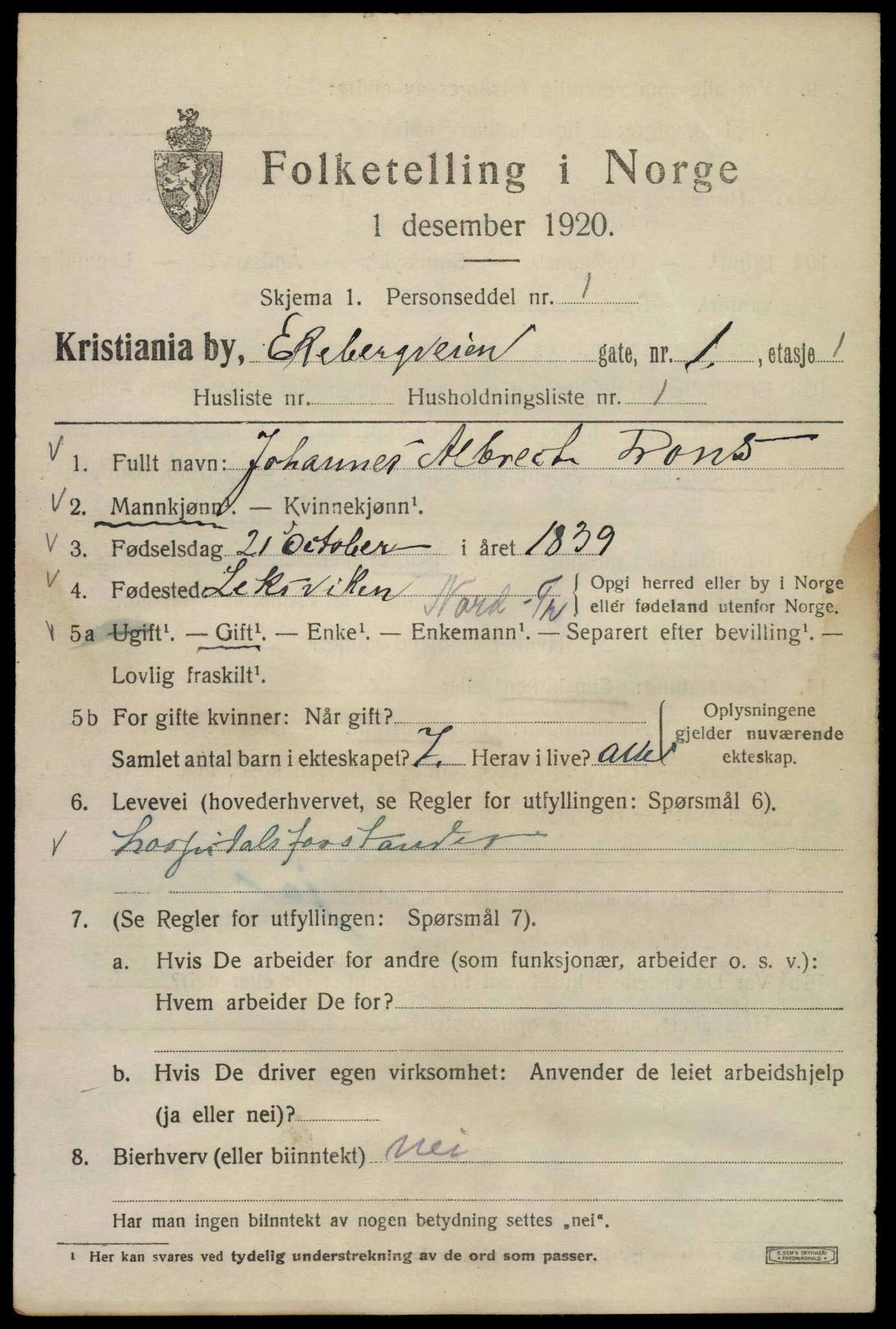 SAO, Folketelling 1920 for 0301 Kristiania kjøpstad, 1920, s. 212201
