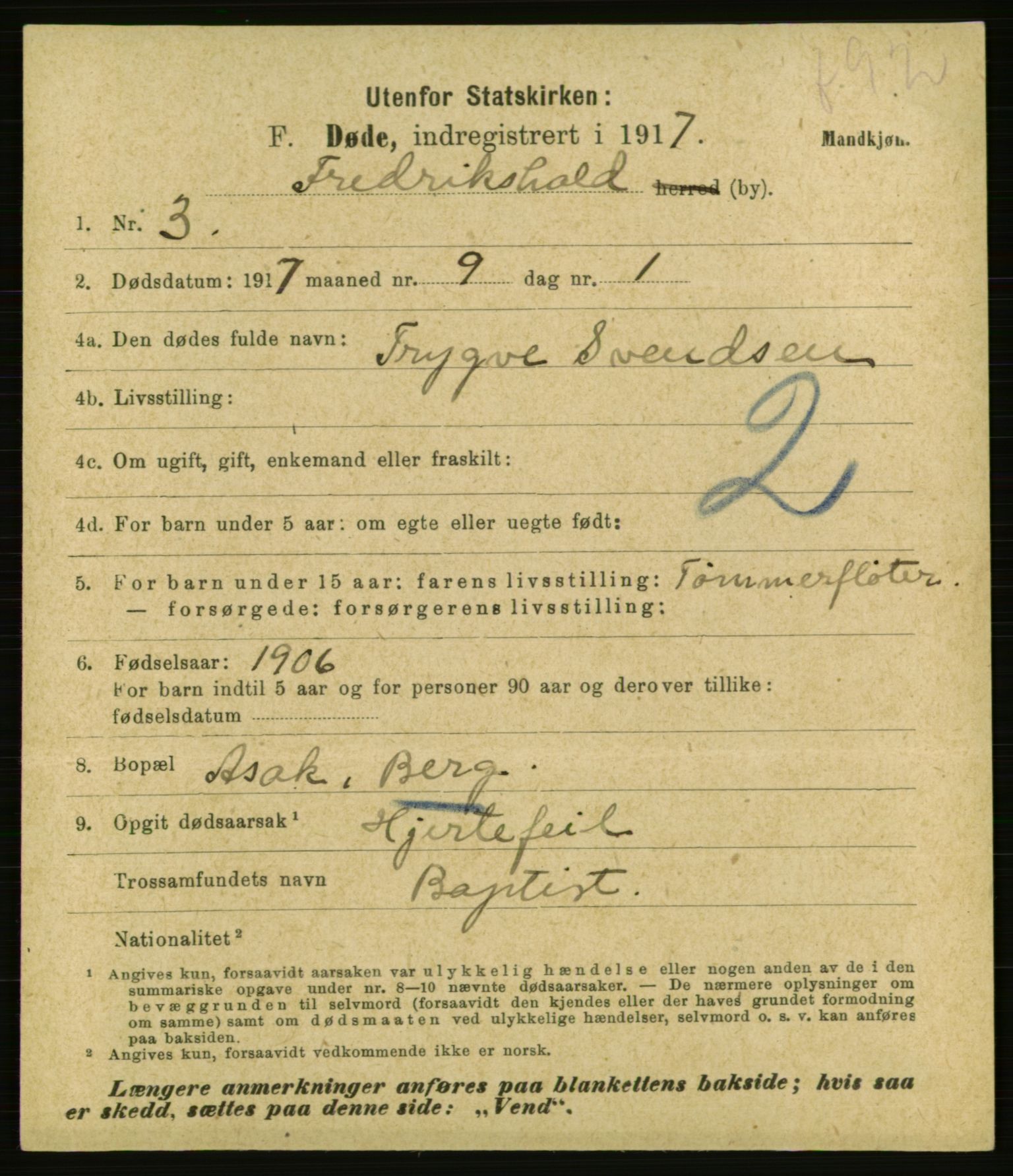 Statistisk sentralbyrå, Sosiodemografiske emner, Befolkning, AV/RA-S-2228/E/L0015: Fødte, gifte, døde dissentere., 1917, s. 2509