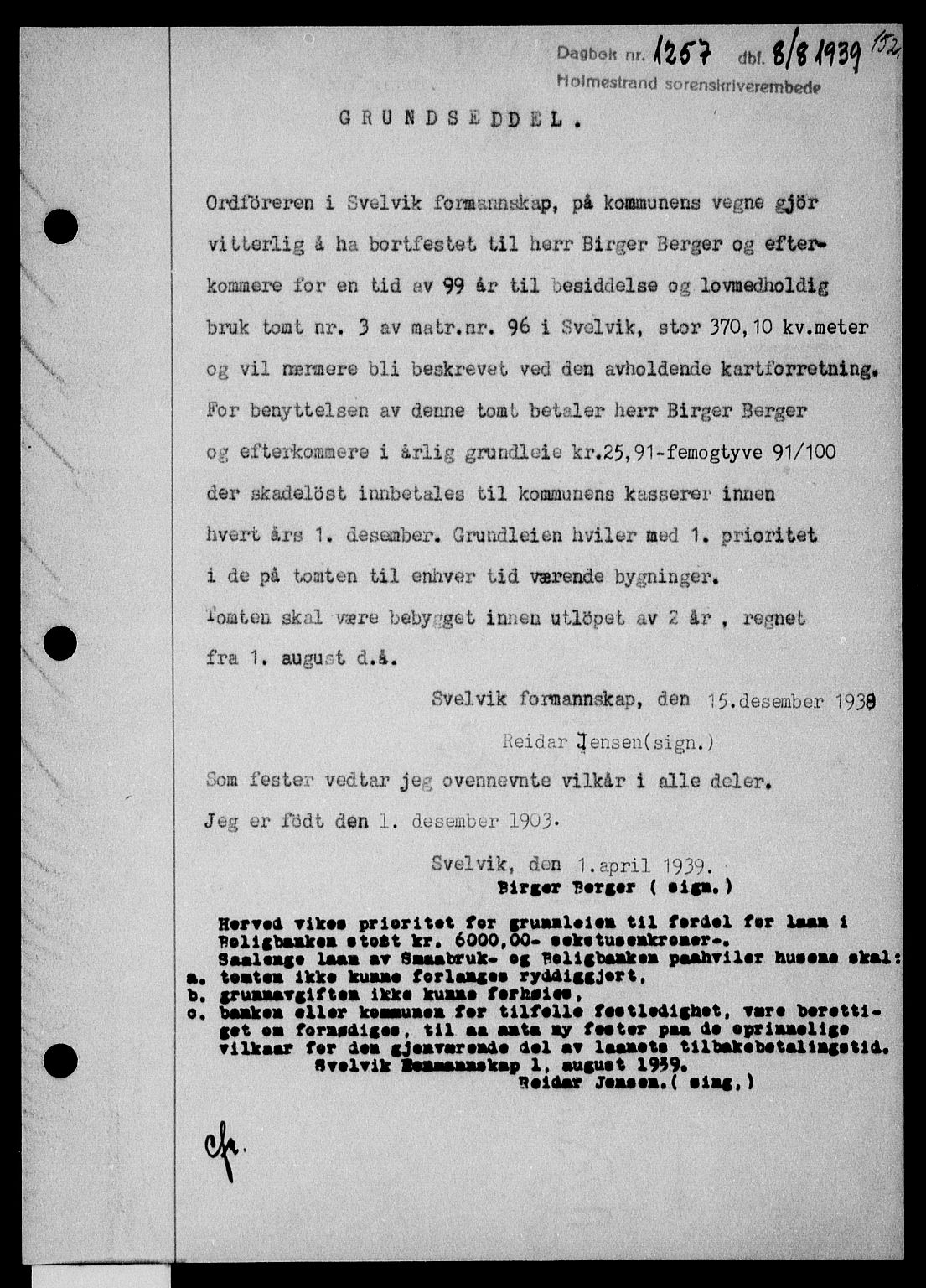 Holmestrand sorenskriveri, SAKO/A-67/G/Ga/Gaa/L0051: Pantebok nr. A-51, 1939-1940, Dagboknr: 1257/1939