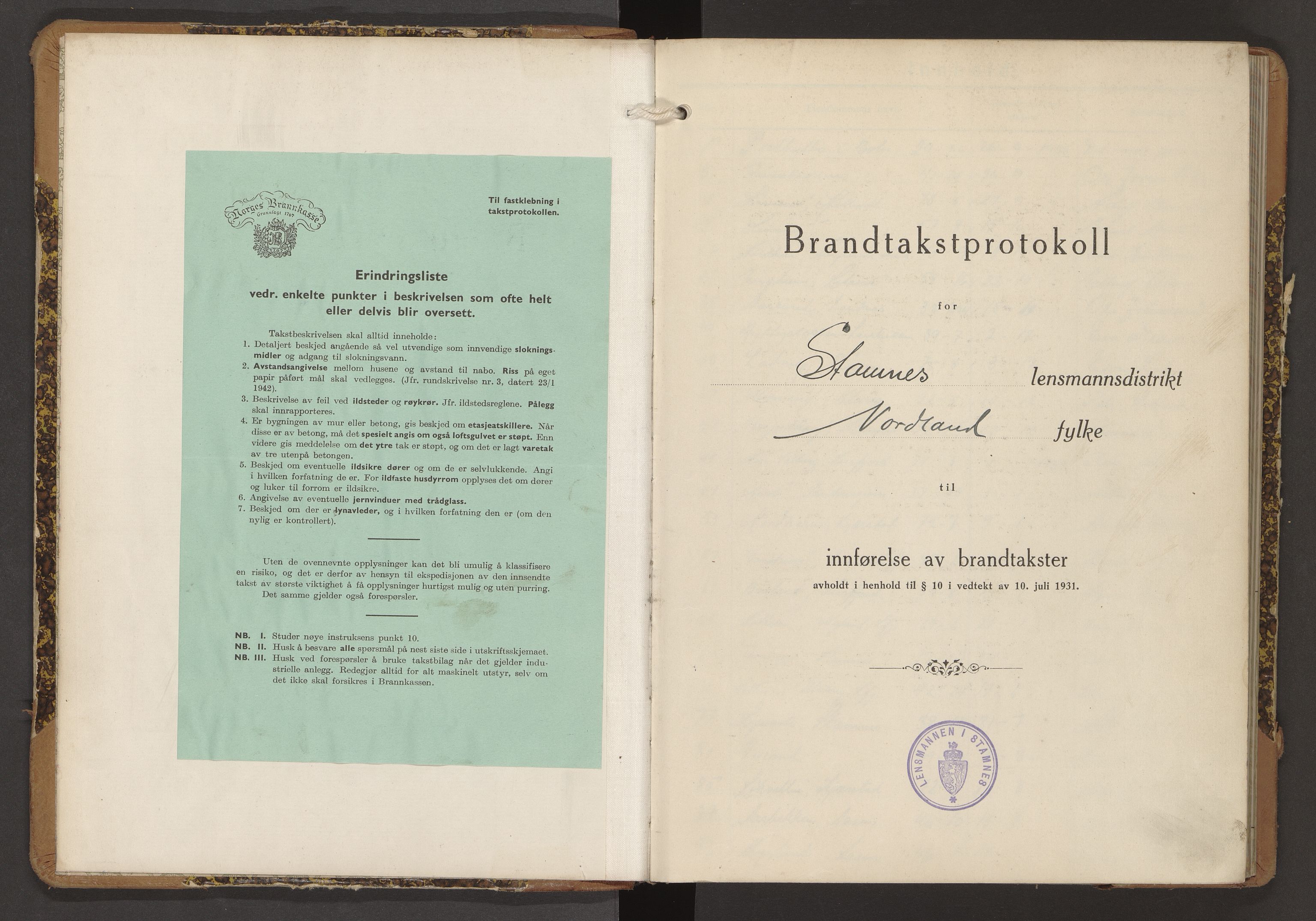 Norges Brannkasse Sandnessjøen (Stamnes), AV/SAT-A-5571/Fb/L0004: Branntakstprotokoll, 1938-1946