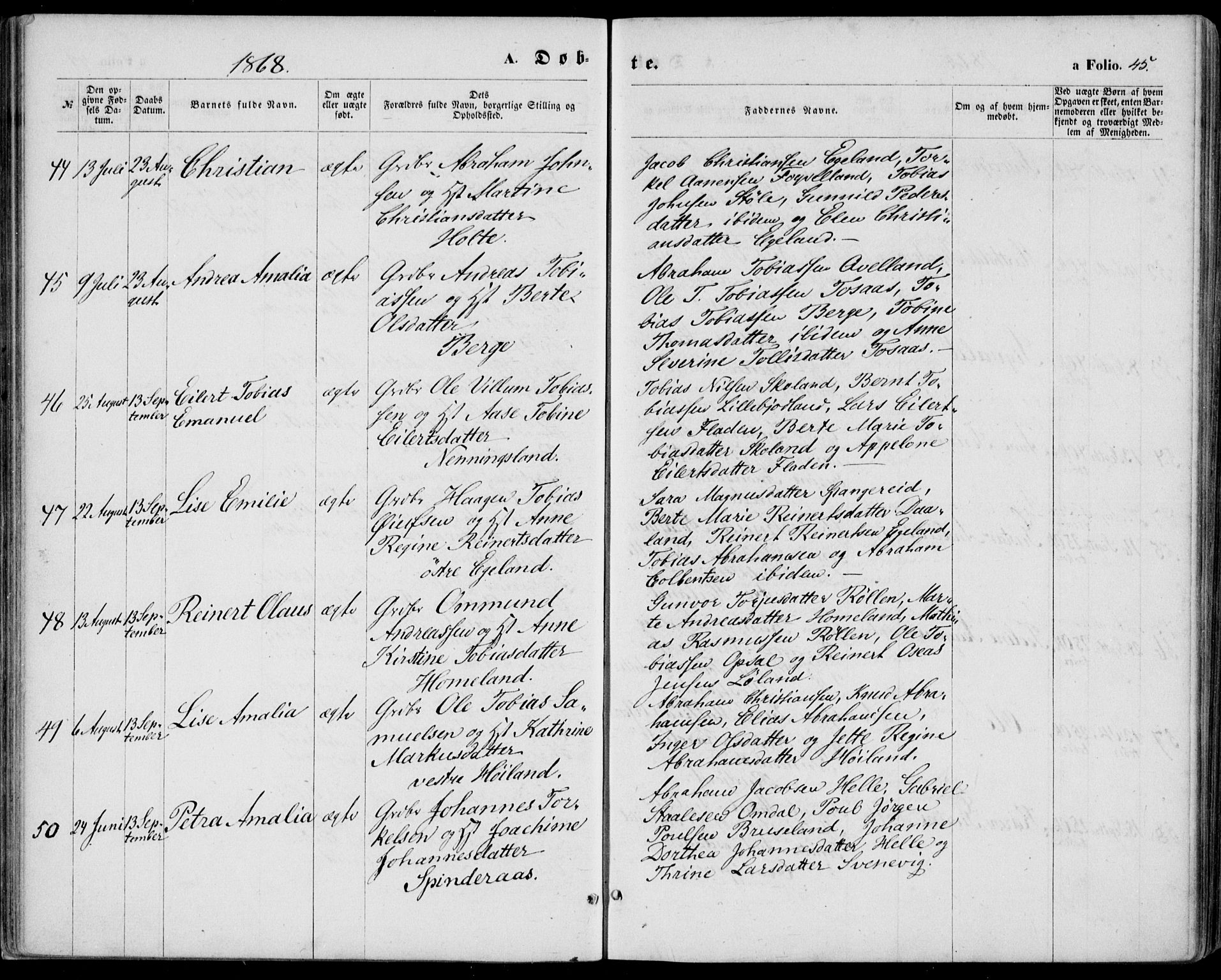 Lyngdal sokneprestkontor, AV/SAK-1111-0029/F/Fa/Fac/L0010: Ministerialbok nr. A 10, 1865-1878, s. 45