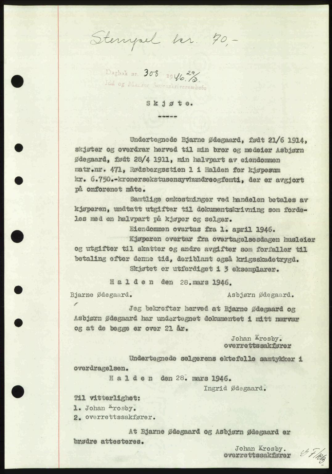 Idd og Marker sorenskriveri, SAO/A-10283/G/Gb/Gbb/L0008: Pantebok nr. A8, 1946-1946, Dagboknr: 308/1946