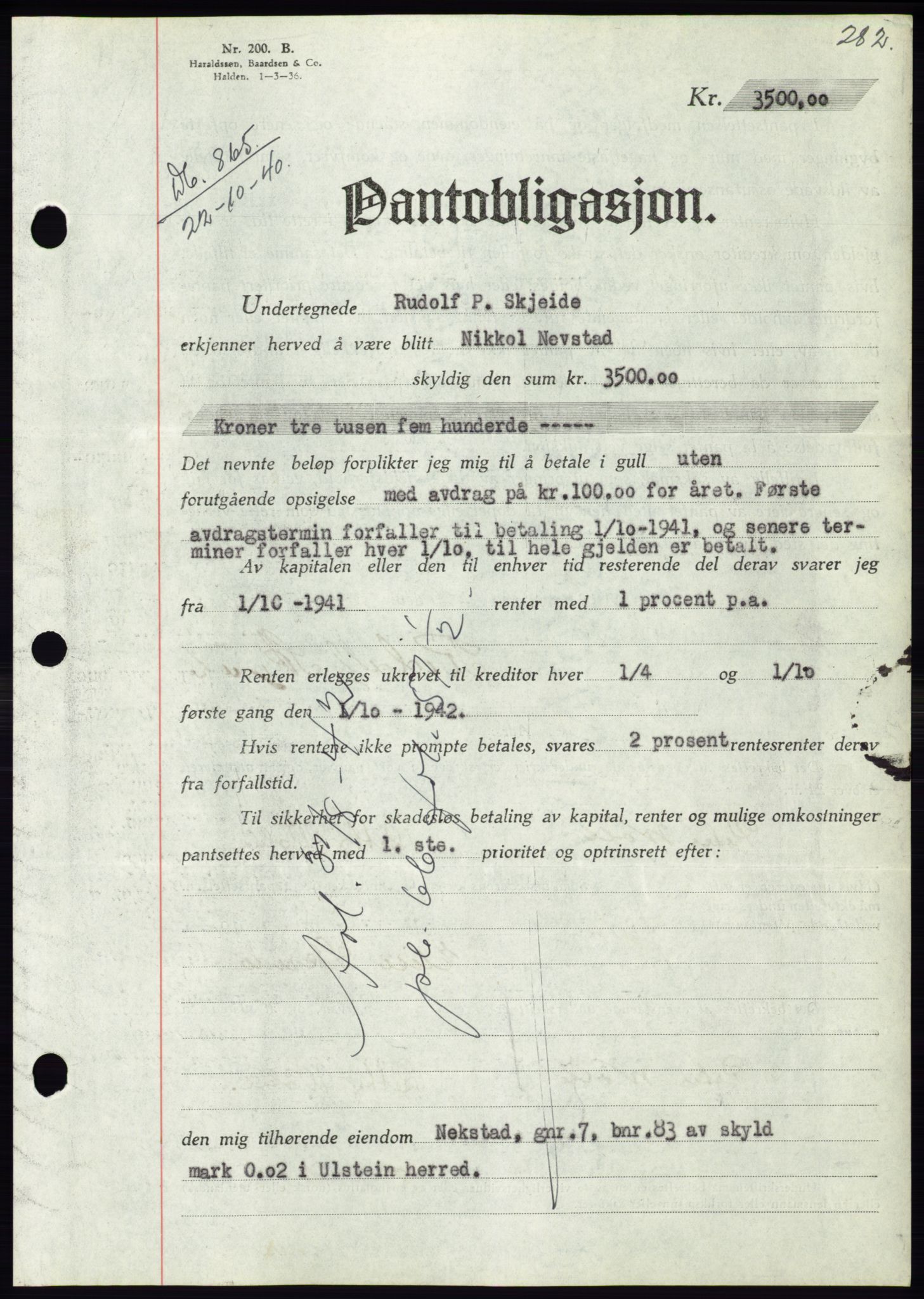 Søre Sunnmøre sorenskriveri, SAT/A-4122/1/2/2C/L0070: Pantebok nr. 64, 1940-1941, Dagboknr: 865/1940