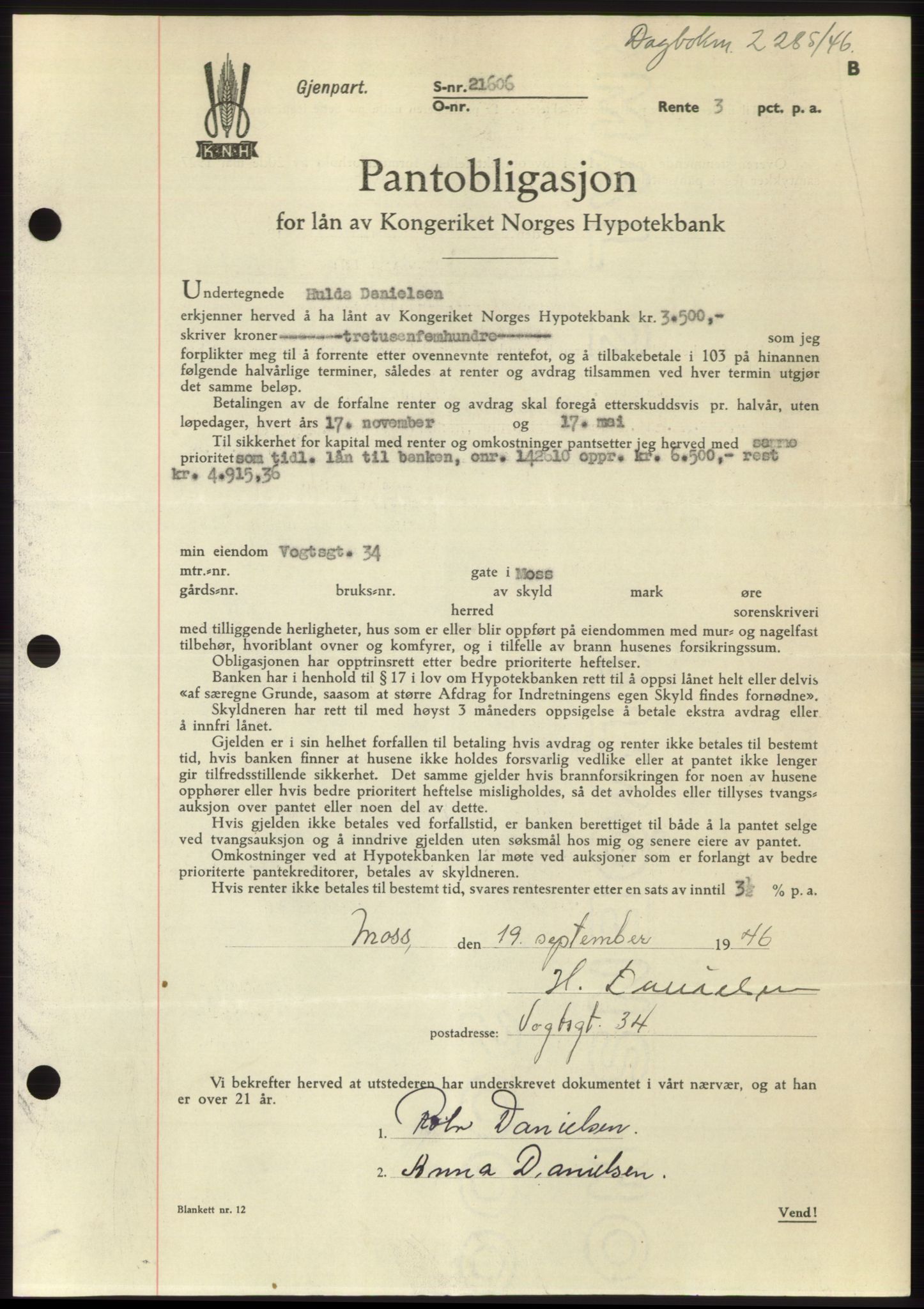 Moss sorenskriveri, SAO/A-10168: Pantebok nr. B16, 1946-1947, Dagboknr: 2285/1946