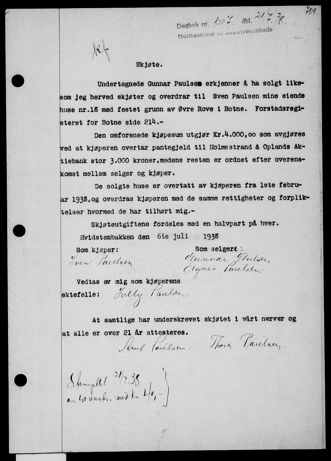 Holmestrand sorenskriveri, SAKO/A-67/G/Ga/Gaa/L0049: Pantebok nr. A-49, 1937-1938, Dagboknr: 1007/1938