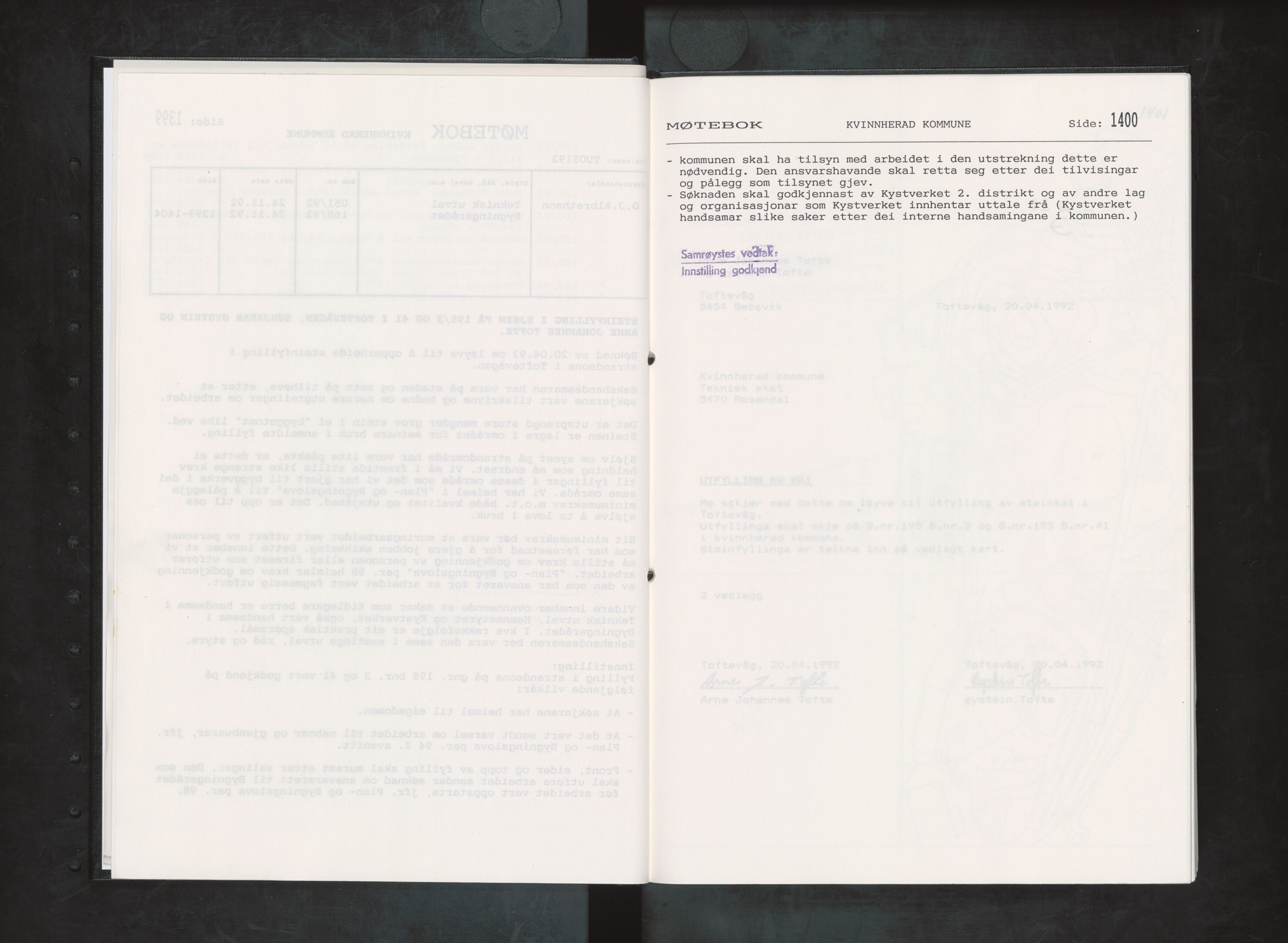 Kvinnherad kommune. Bygningsrådet , IKAH/1224-511/A/Aa/L0083: Møtebok for Kvinnherad bygningsråd, 1992