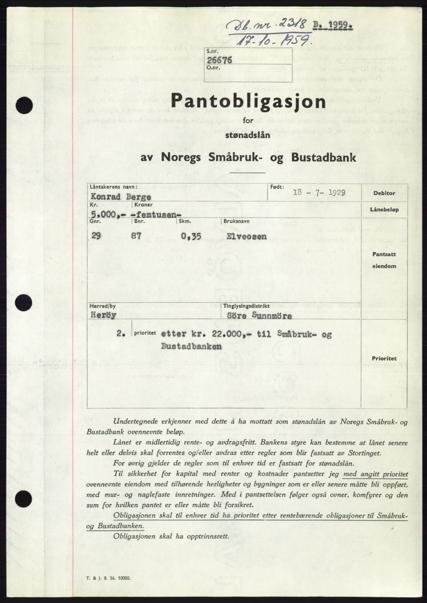 Søre Sunnmøre sorenskriveri, SAT/A-4122/1/2/2C/L0133: Pantebok nr. 21B, 1959-1959, Dagboknr: 2318/1959