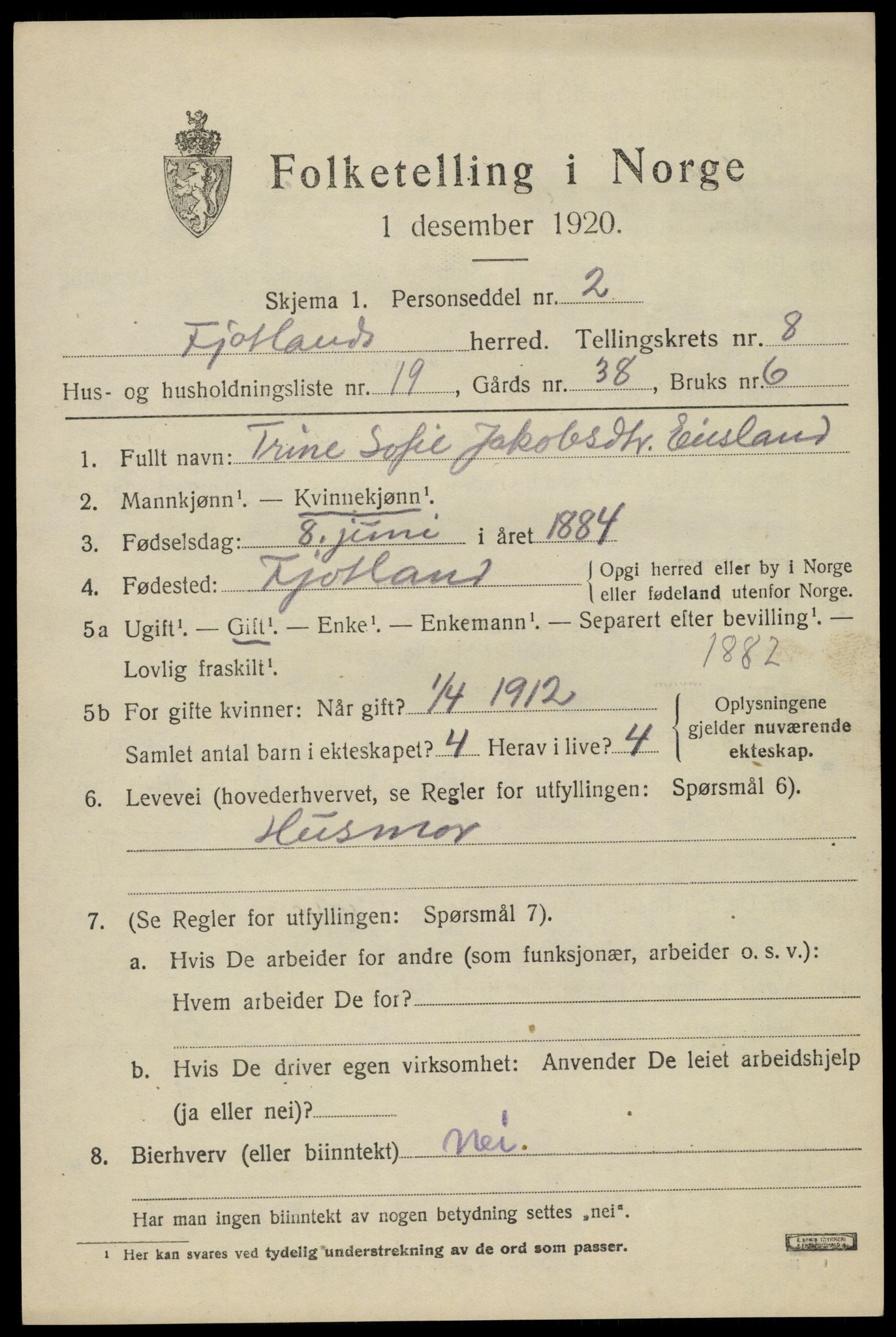SAK, Folketelling 1920 for 1036 Fjotland herred, 1920, s. 2210