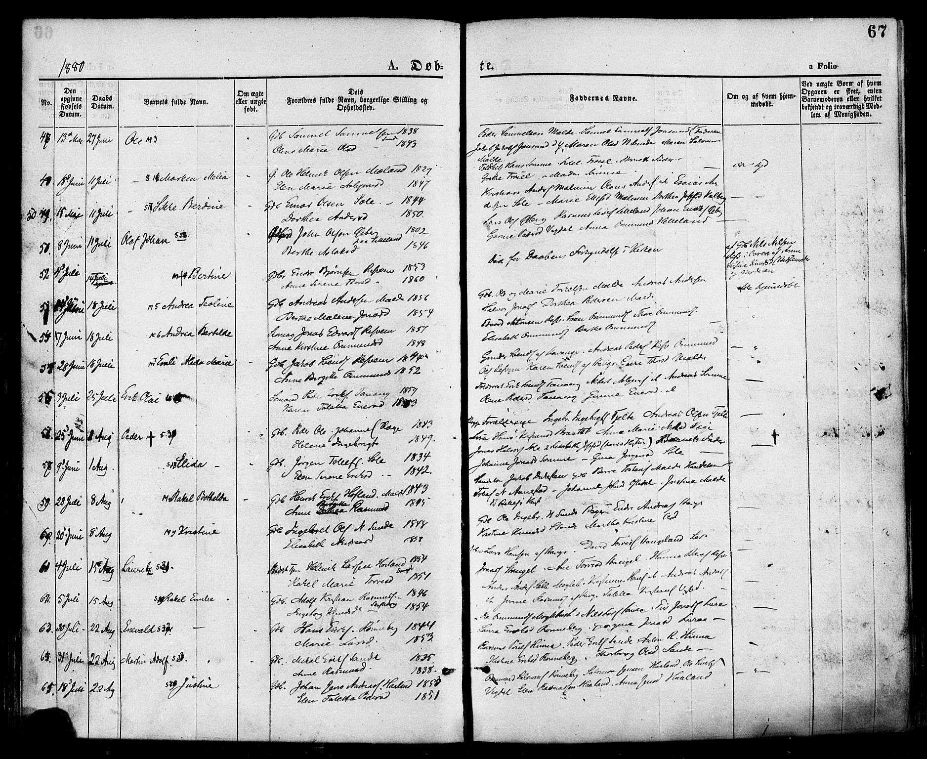 Håland sokneprestkontor, AV/SAST-A-101802/001/30BA/L0009: Ministerialbok nr. A 8, 1871-1882, s. 67