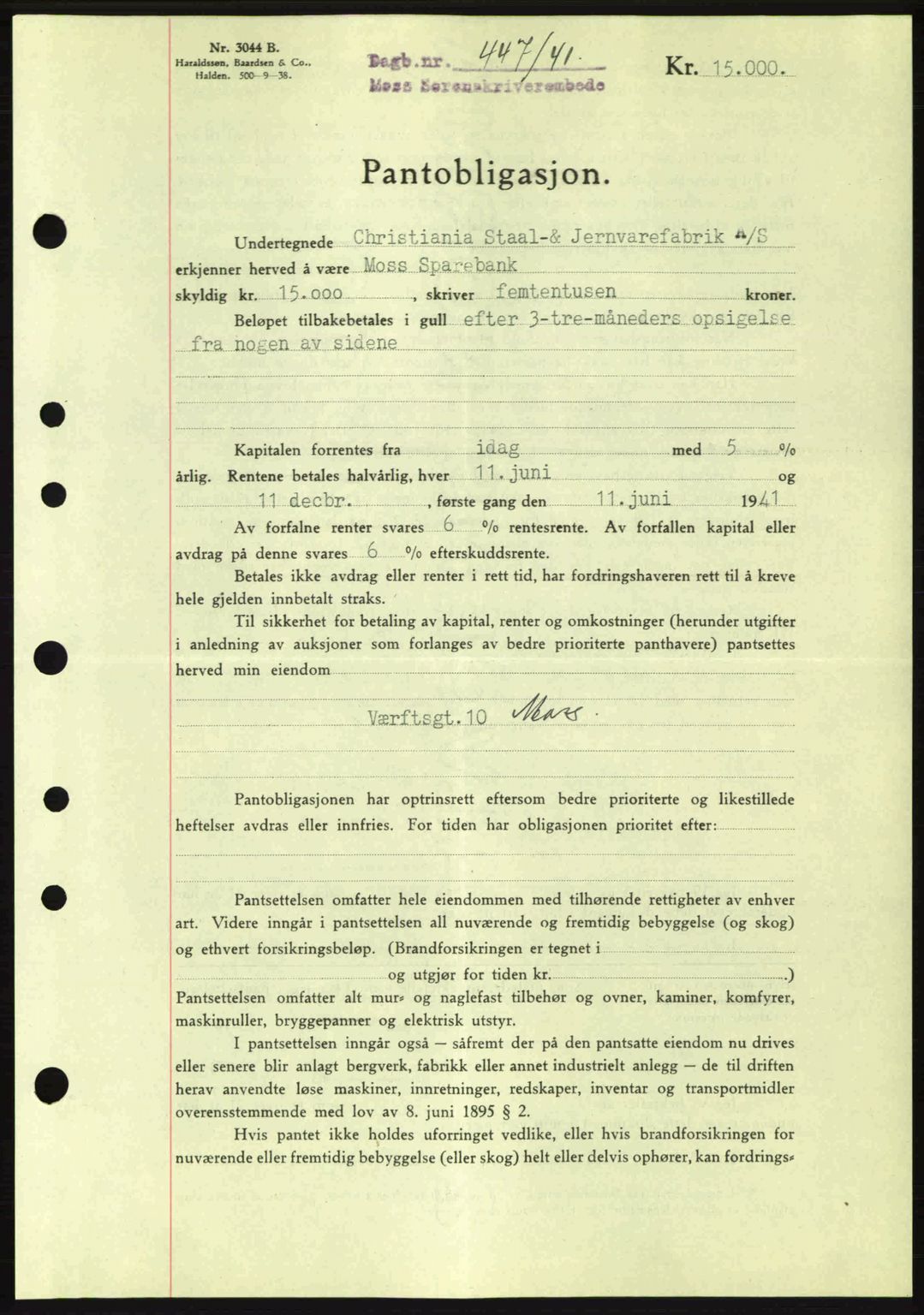 Moss sorenskriveri, SAO/A-10168: Pantebok nr. B10, 1940-1941, Dagboknr: 447/1941