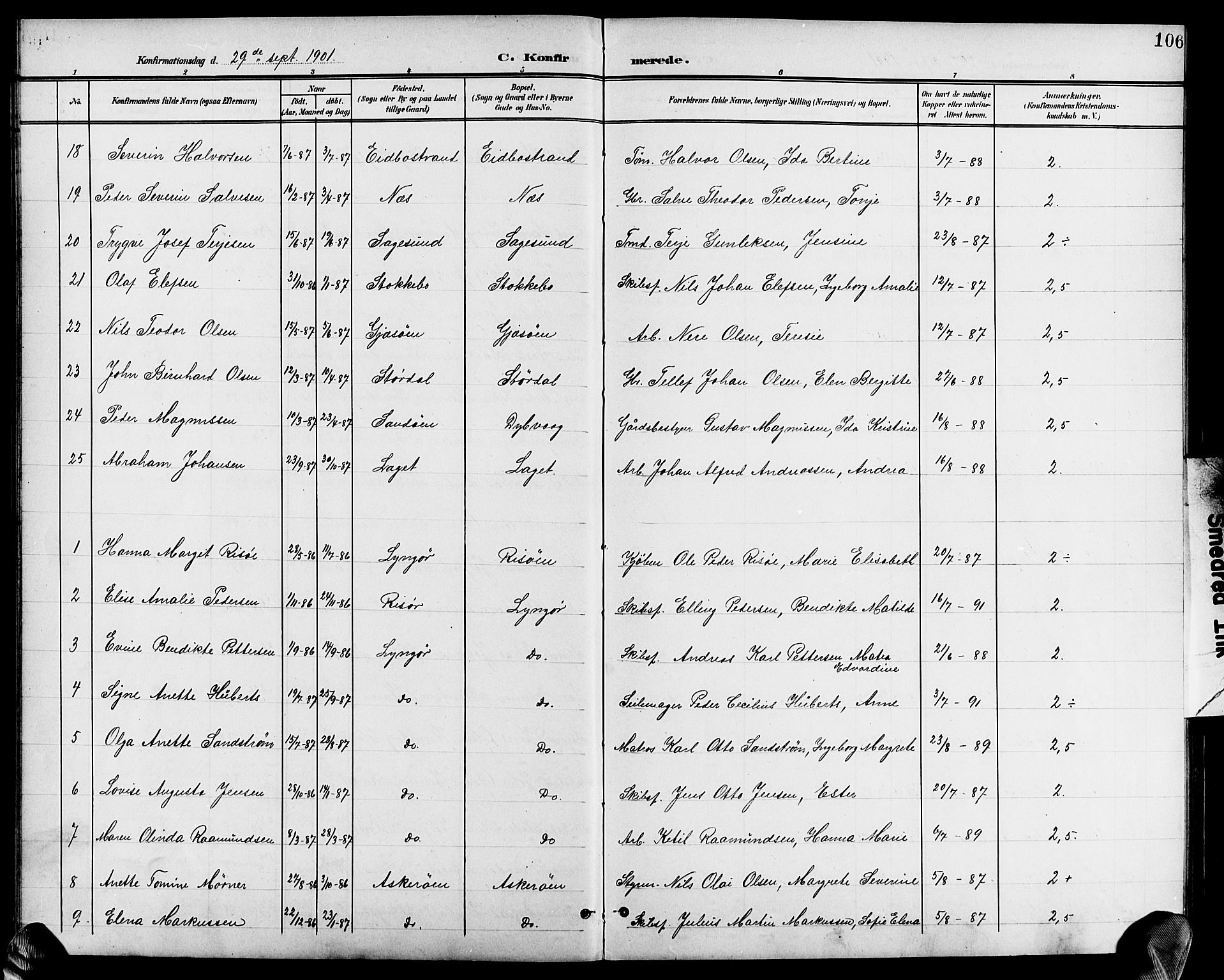 Dypvåg sokneprestkontor, AV/SAK-1111-0007/F/Fb/Fba/L0014: Klokkerbok nr. B 14, 1901-1922, s. 106