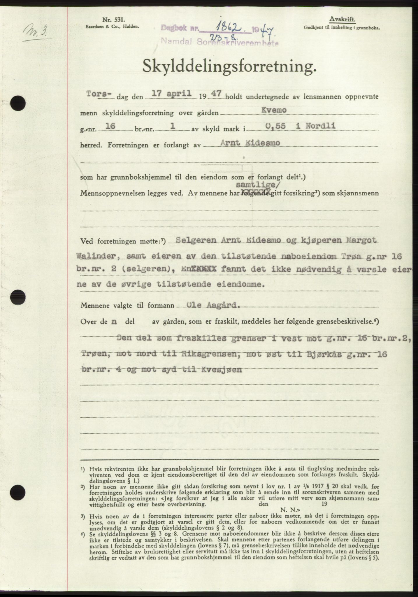 Namdal sorenskriveri, SAT/A-4133/1/2/2C: Pantebok nr. -, 1947-1947, Dagboknr: 1862/1947