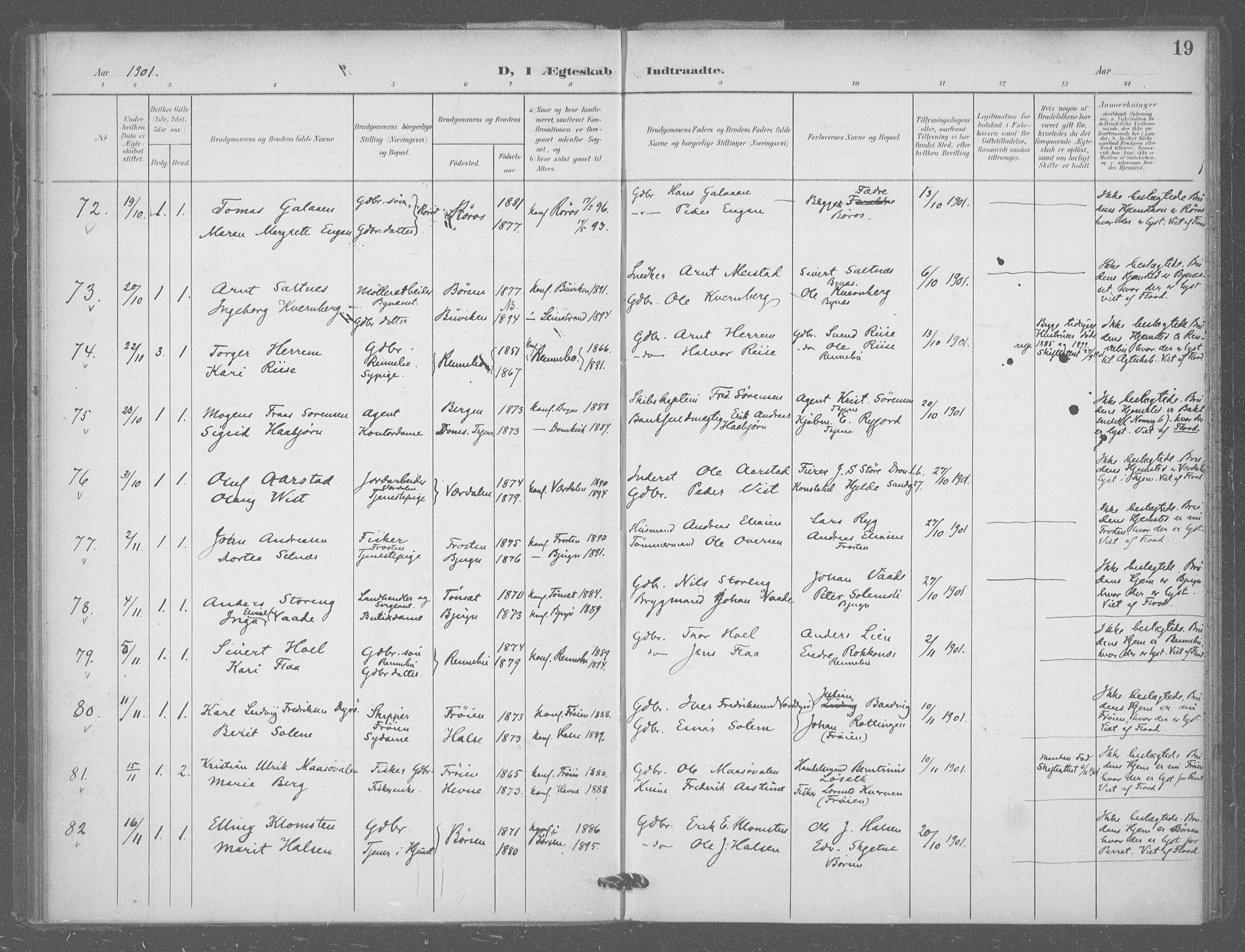 Ministerialprotokoller, klokkerbøker og fødselsregistre - Sør-Trøndelag, SAT/A-1456/601/L0077: Residerende kapellans bok nr. 601B10, 1900-1907, s. 19