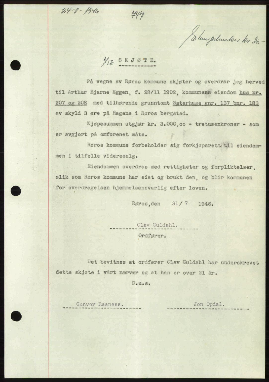 Gauldal sorenskriveri, SAT/A-0014/1/2/2C: Pantebok nr. A2, 1946-1946, Dagboknr: 756/1946