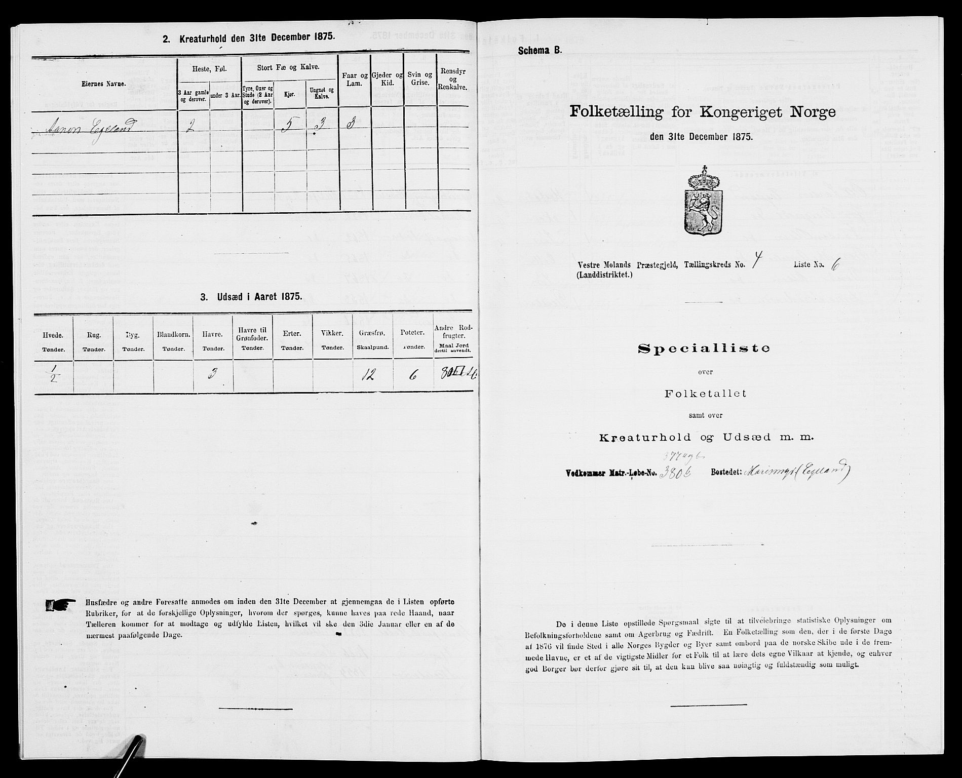 SAK, Folketelling 1875 for 0926L Vestre Moland prestegjeld, Vestre Moland sokn, 1875, s. 566