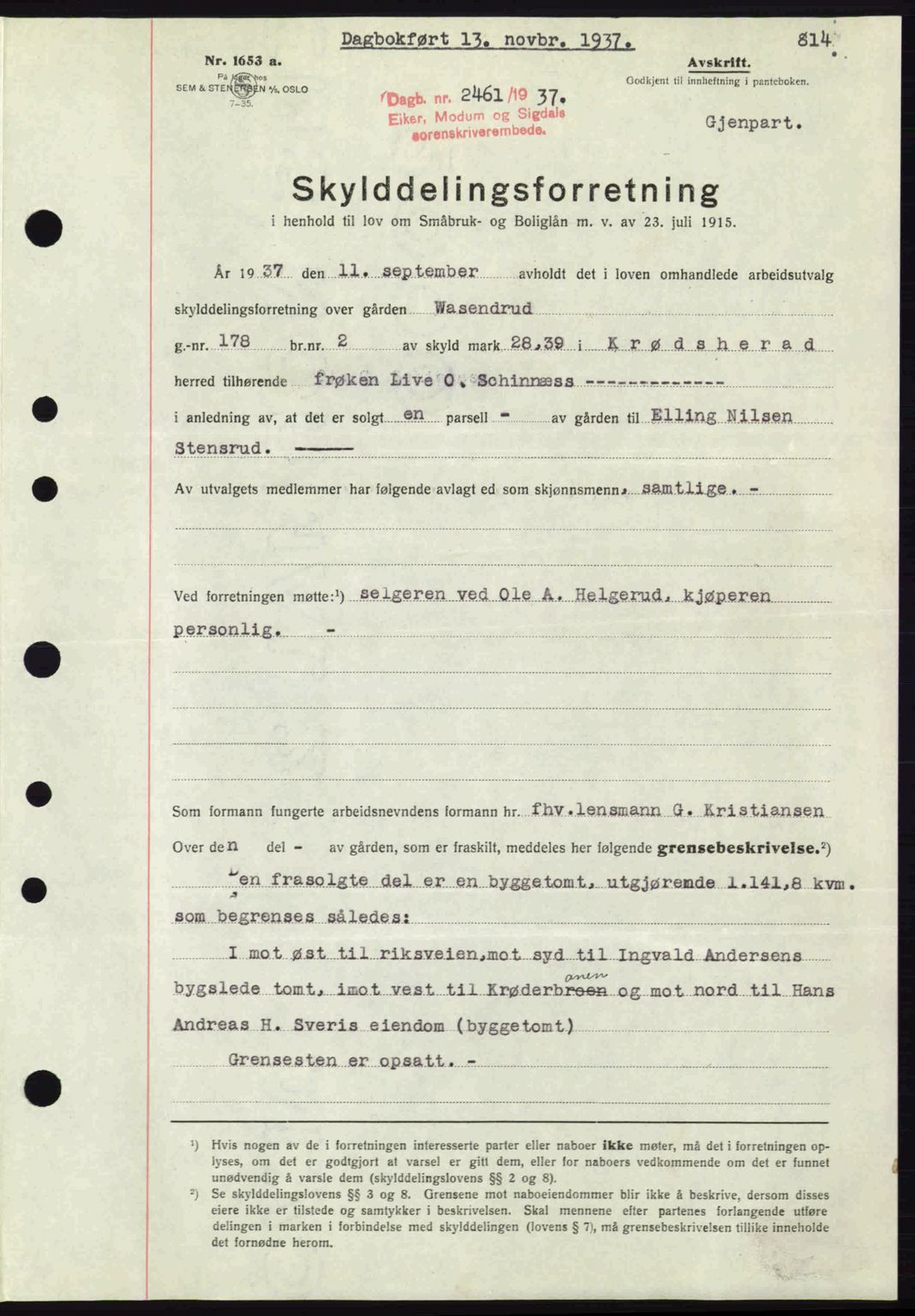 Eiker, Modum og Sigdal sorenskriveri, SAKO/A-123/G/Ga/Gab/L0036: Pantebok nr. A6, 1937-1937, Dagboknr: 2461/1937