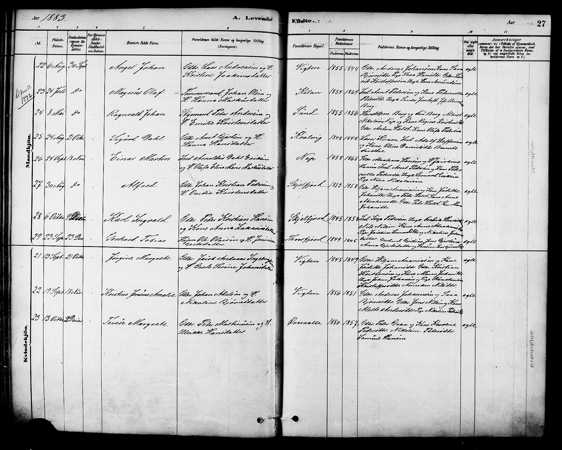 Ministerialprotokoller, klokkerbøker og fødselsregistre - Nordland, AV/SAT-A-1459/885/L1204: Ministerialbok nr. 885A05, 1878-1892, s. 27