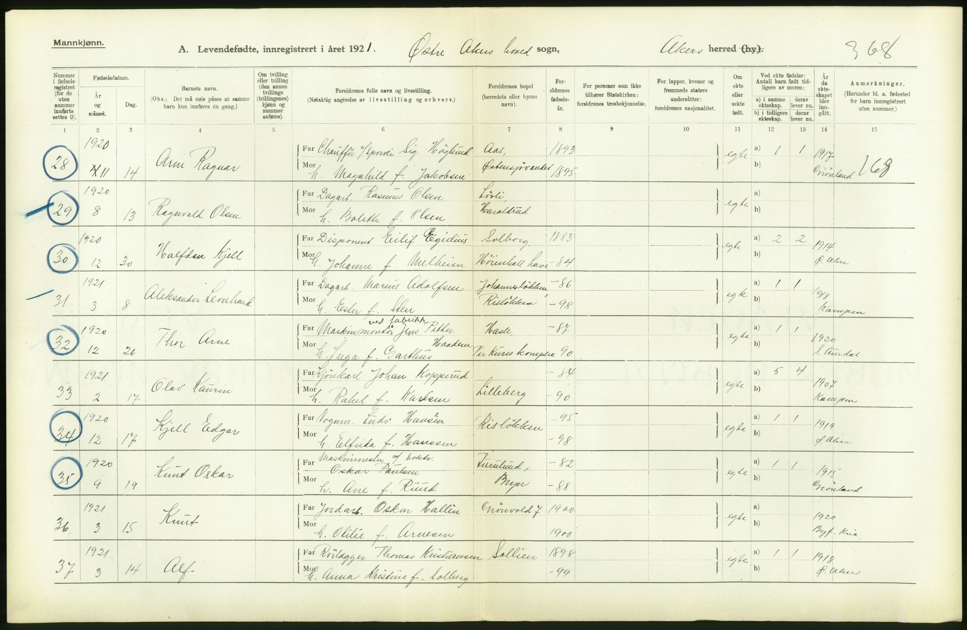 Statistisk sentralbyrå, Sosiodemografiske emner, Befolkning, AV/RA-S-2228/D/Df/Dfc/Dfca/L0004: Akershus fylke: Levendefødte menn og kvinner. Bygder., 1921, s. 100