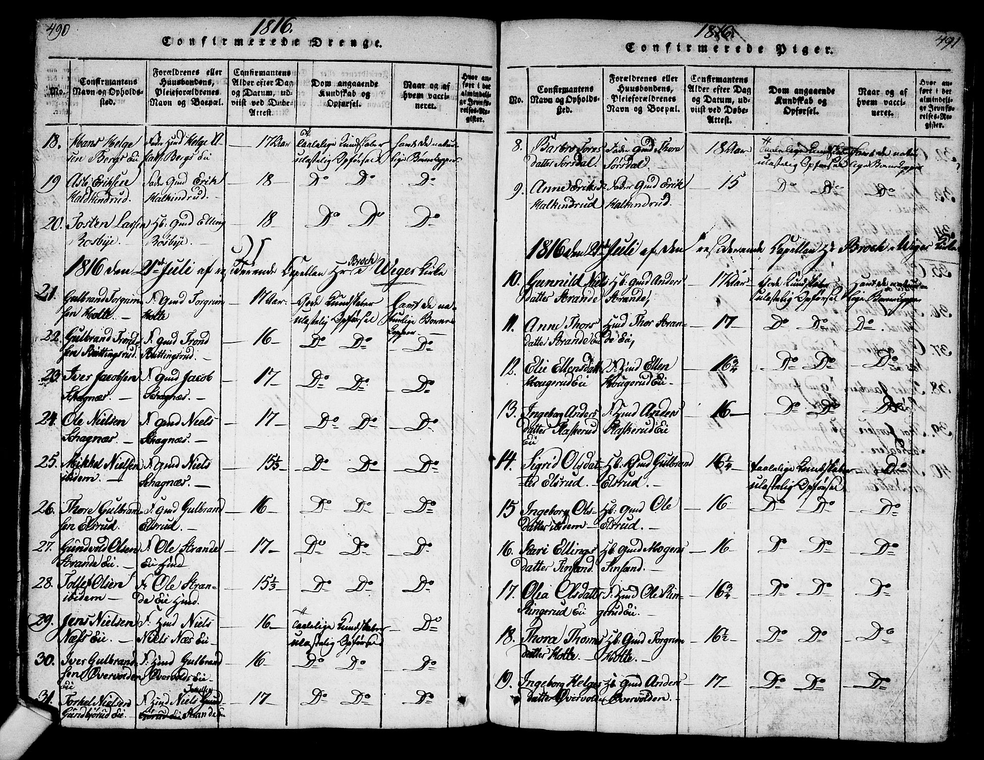 Norderhov kirkebøker, AV/SAKO-A-237/G/Ga/L0003: Klokkerbok nr. I 3 /2, 1814-1876, s. 490-491