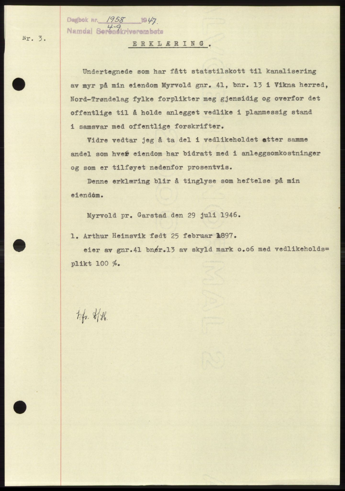 Namdal sorenskriveri, SAT/A-4133/1/2/2C: Pantebok nr. -, 1947-1947, Dagboknr: 1958/1947