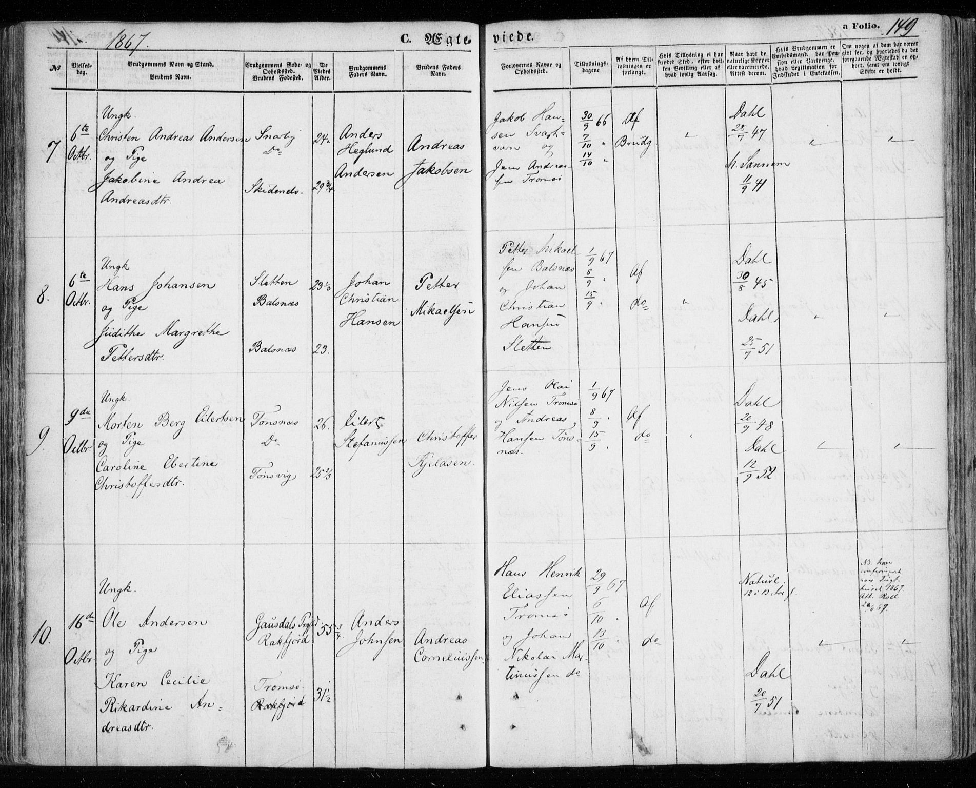 Tromsøysund sokneprestkontor, AV/SATØ-S-1304/G/Ga/L0002kirke: Ministerialbok nr. 2, 1867-1875, s. 149