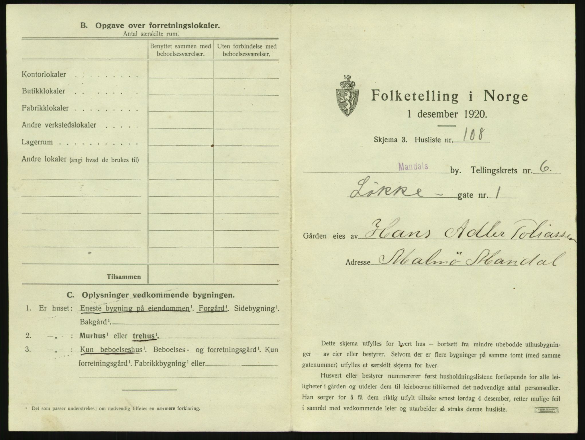 SAK, Folketelling 1920 for 1002 Mandal ladested, 1920, s. 1401