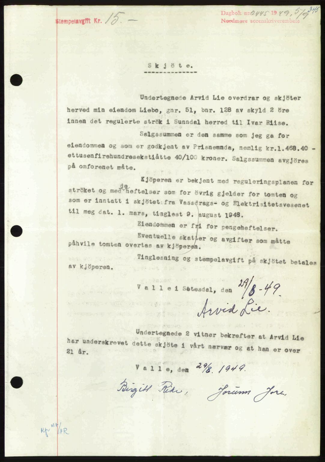 Nordmøre sorenskriveri, SAT/A-4132/1/2/2Ca: Pantebok nr. A112, 1949-1949, Dagboknr: 2445/1949