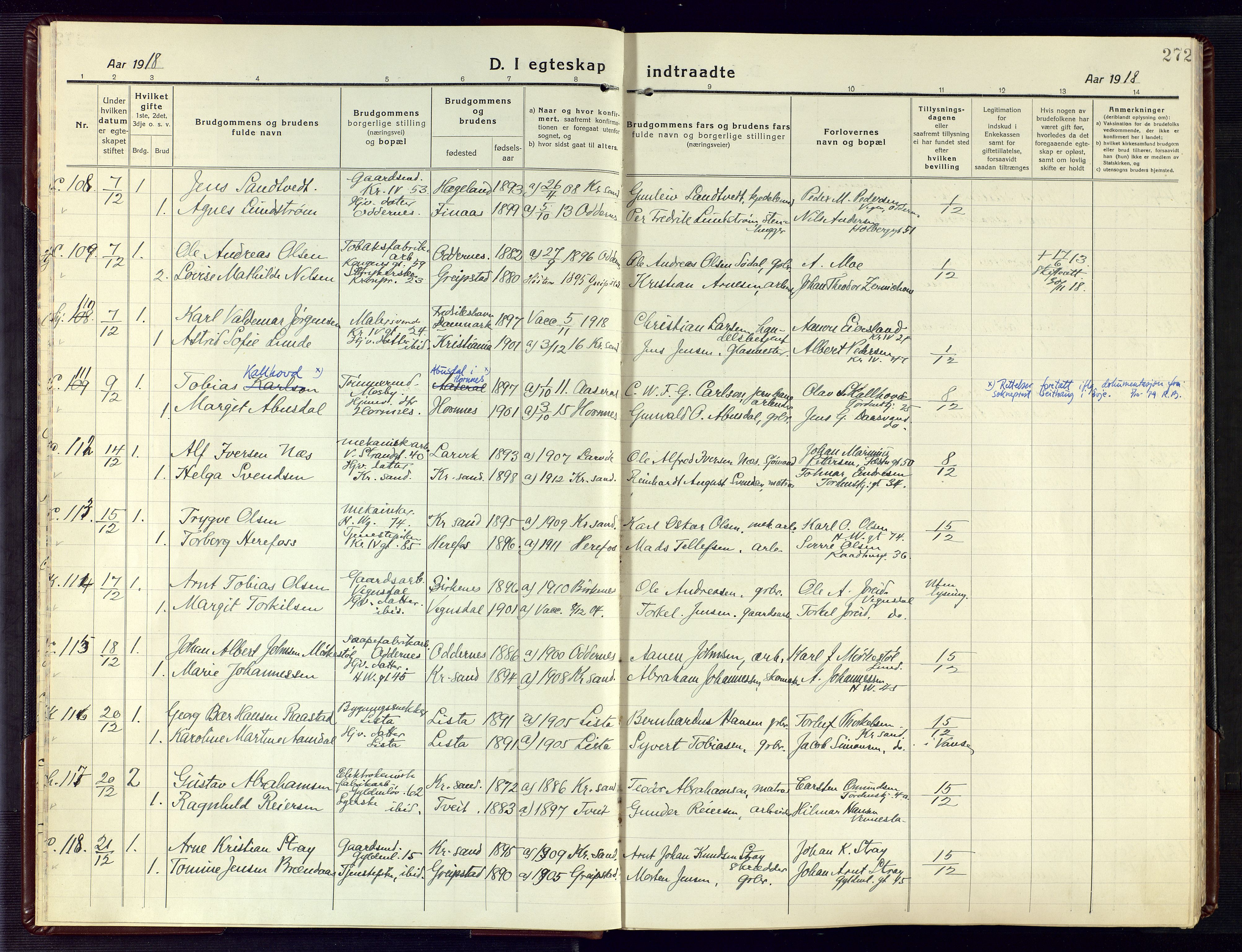 Kristiansand domprosti, AV/SAK-1112-0006/F/Fa/L0028: Ministerialbok nr. A 27, 1917-1926, s. 272