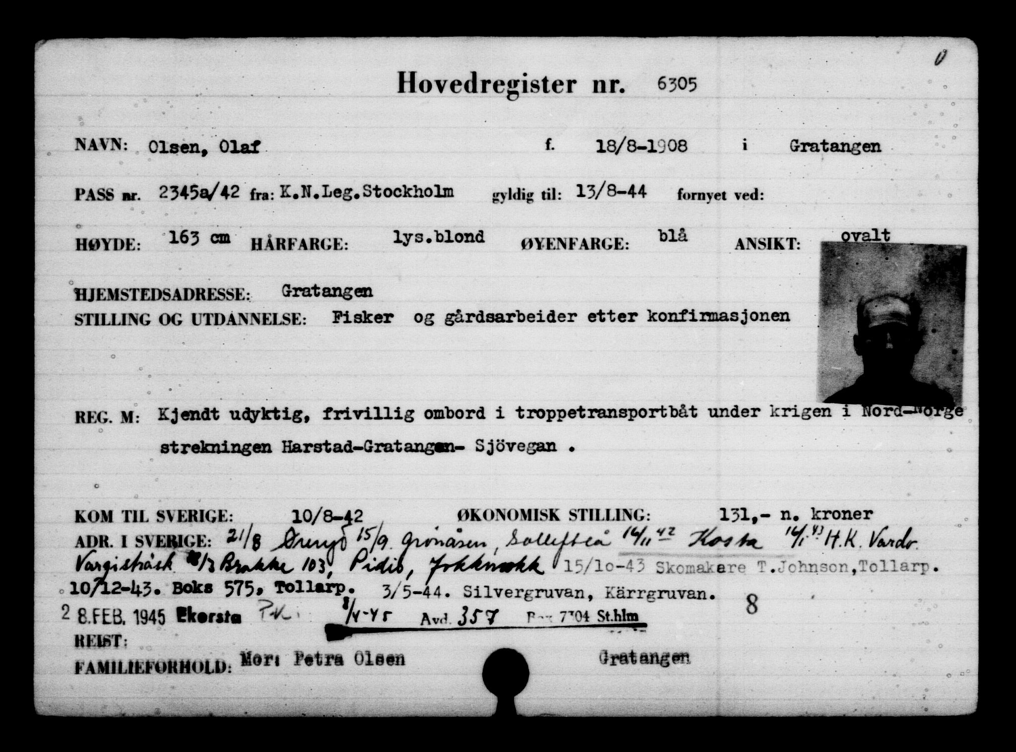 Utenriksstasjonene, Legasjonen i Stockholm, Flyktningkontoret, AV/RA-S-6753/V/Va/L0004: Kjesäterkartoteket, flyktninger med registreringsnr. 3496-6610, 1940-1945, s. 3315