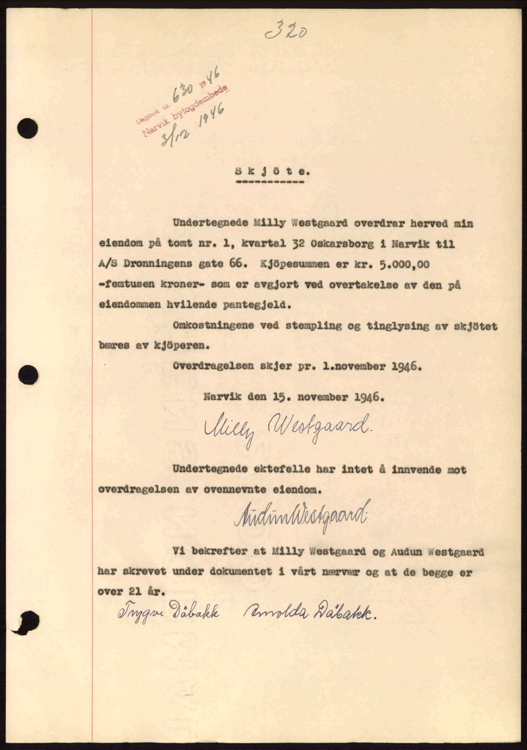 Narvik sorenskriveri, SAT/A-0002/1/2/2C/2Ca: Pantebok nr. A21, 1946-1947, Dagboknr: 630/1946