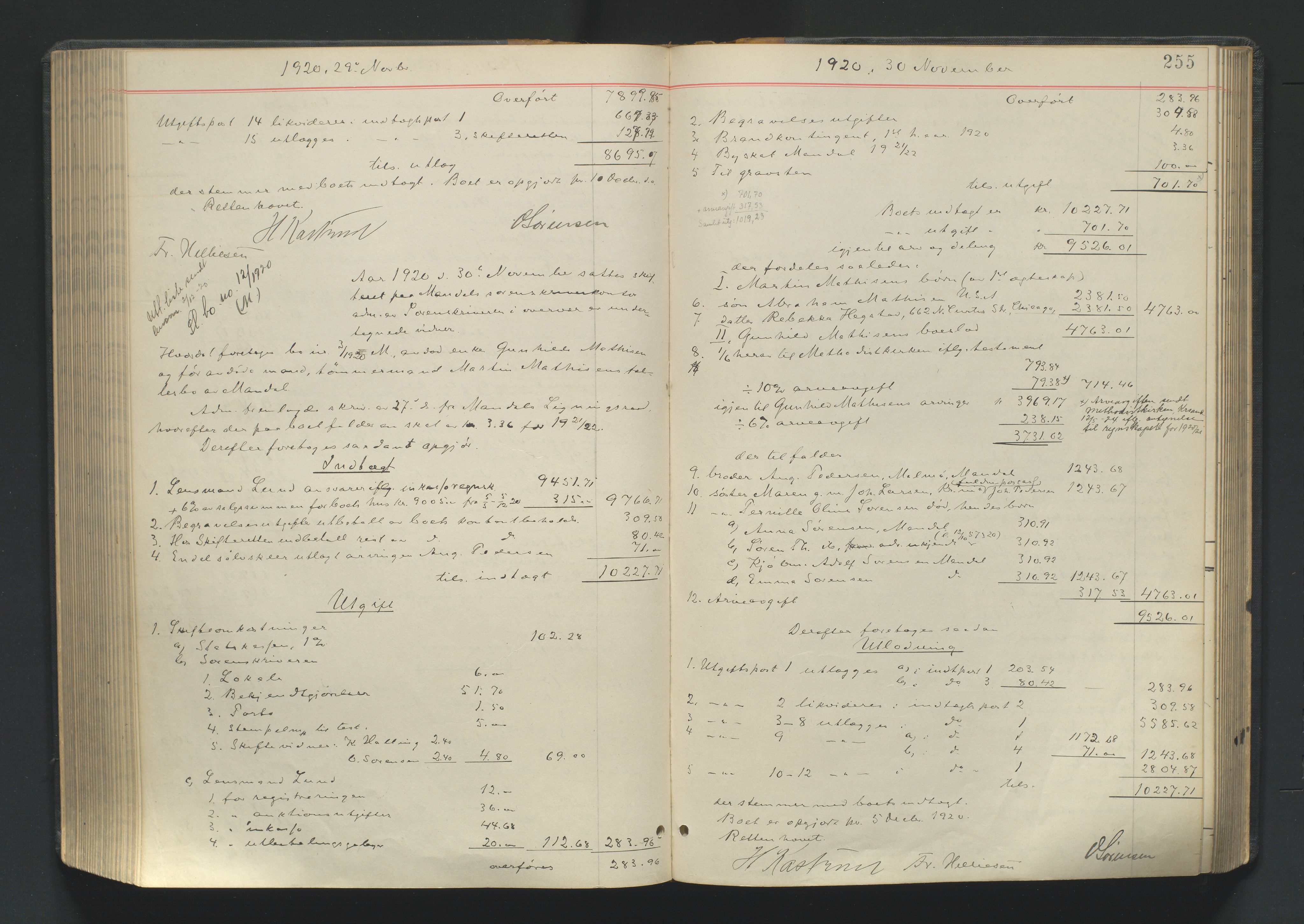 Mandal sorenskriveri, SAK/1221-0005/001/H/Hc/L0099: Skifteutlodningsprotokoll nr 8, 1917-1923, s. 255