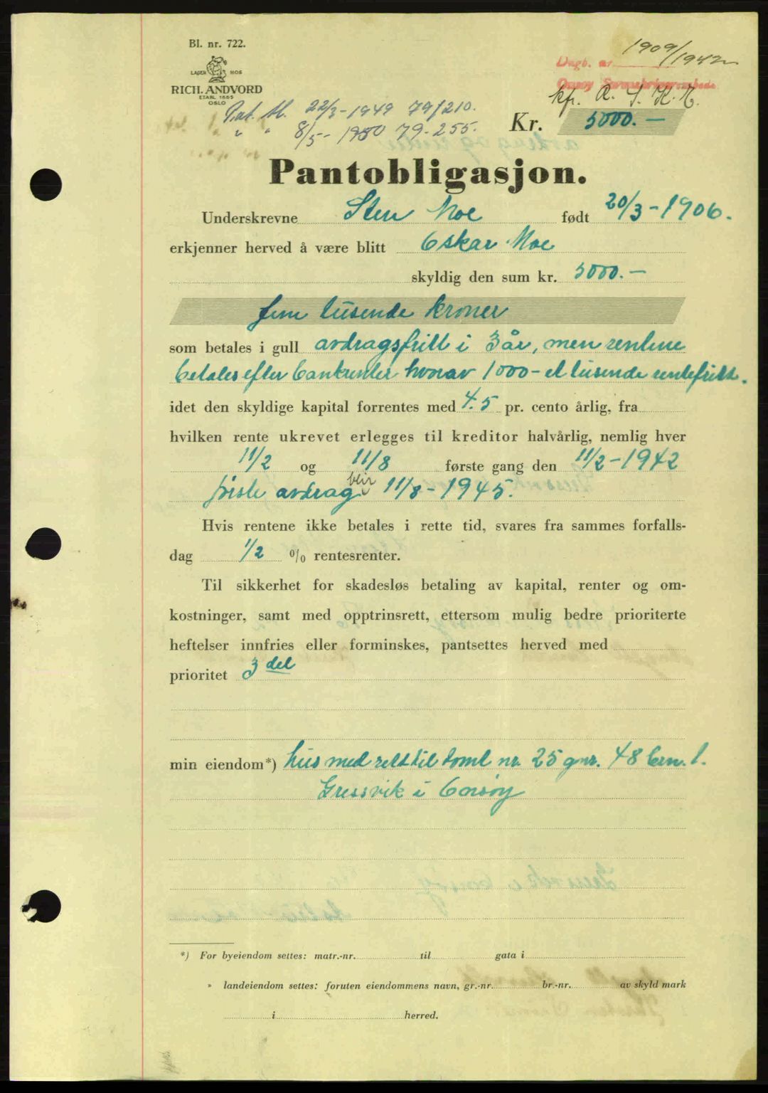 Onsøy sorenskriveri, SAO/A-10474/G/Ga/Gac/L0003: Pantebok nr. B3, 1940-1944, Dagboknr: 1909/1942