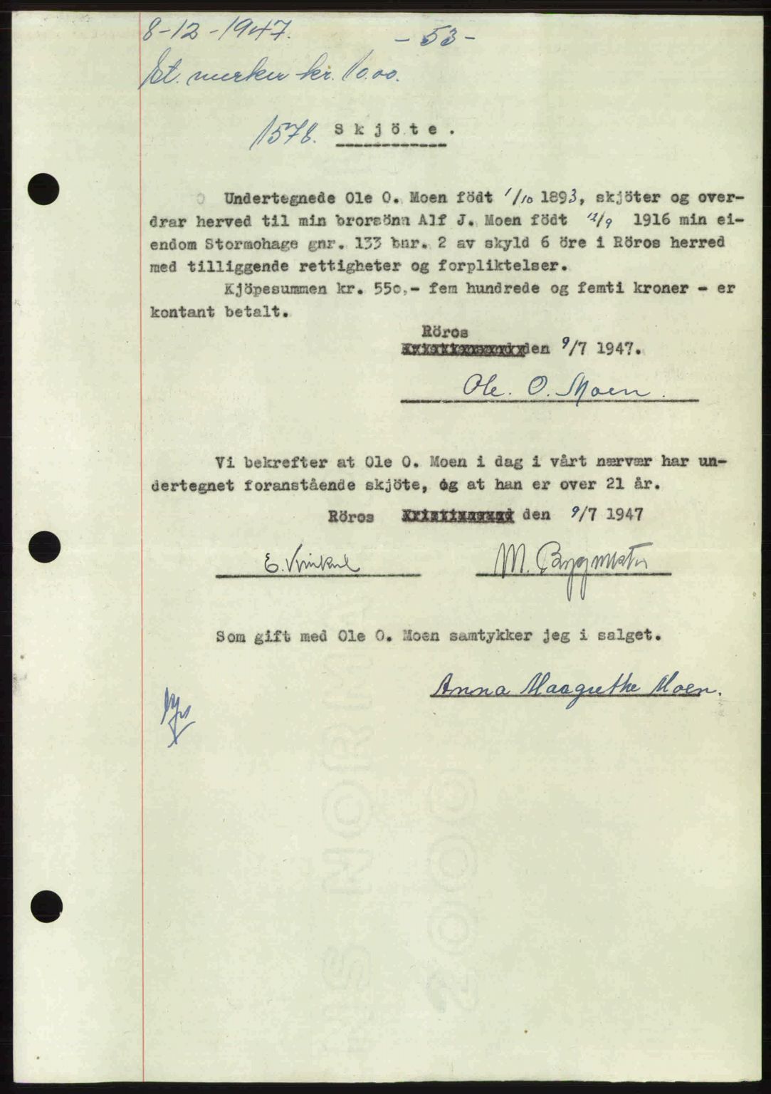 Gauldal sorenskriveri, SAT/A-0014/1/2/2C: Pantebok nr. A5, 1947-1948, Dagboknr: 1578/1947