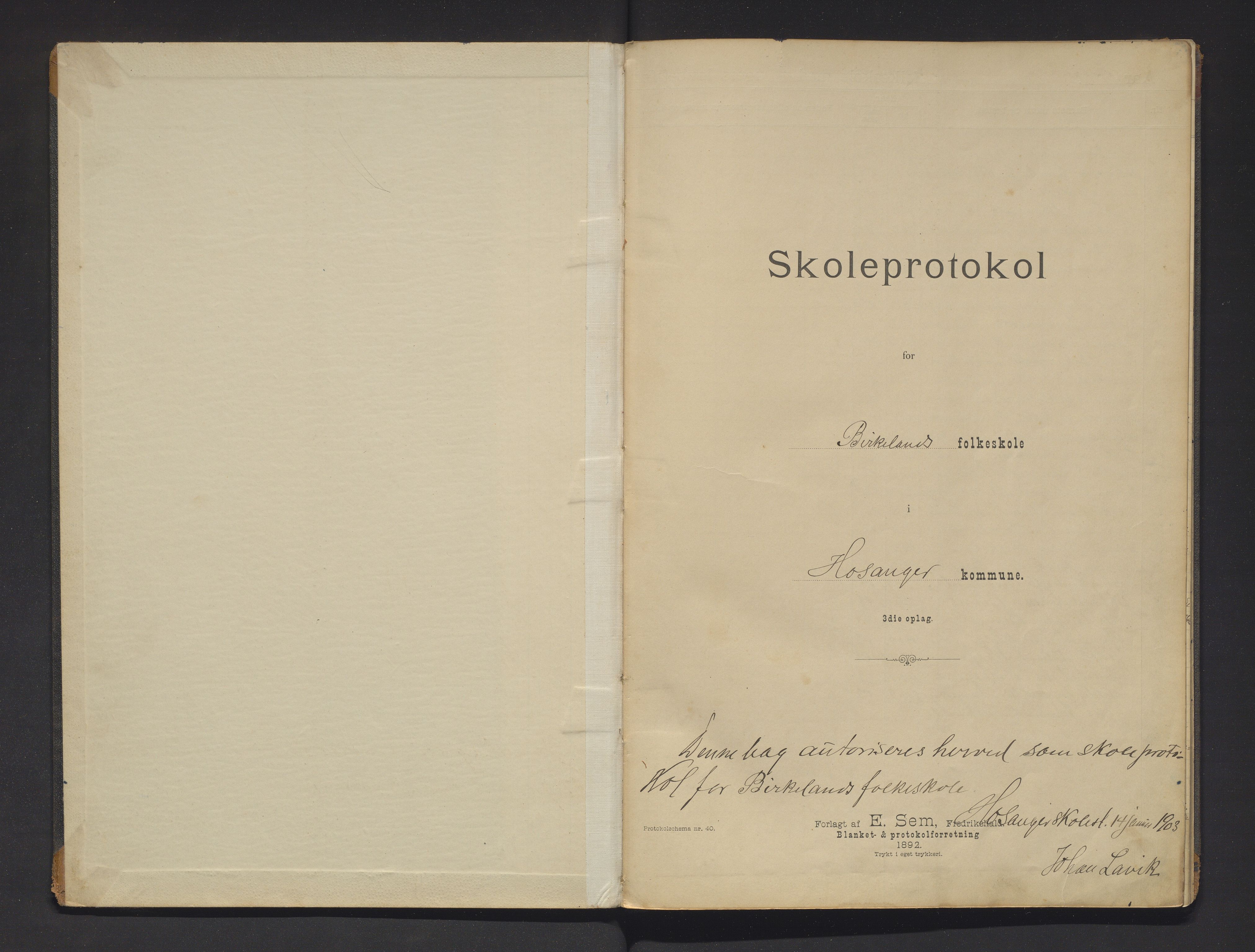 Hosanger kommune. Barneskulane, IKAH/1253a-231/F/Fa/L0021: Skuleprotokoll for Birkeland skule, 1903-1914