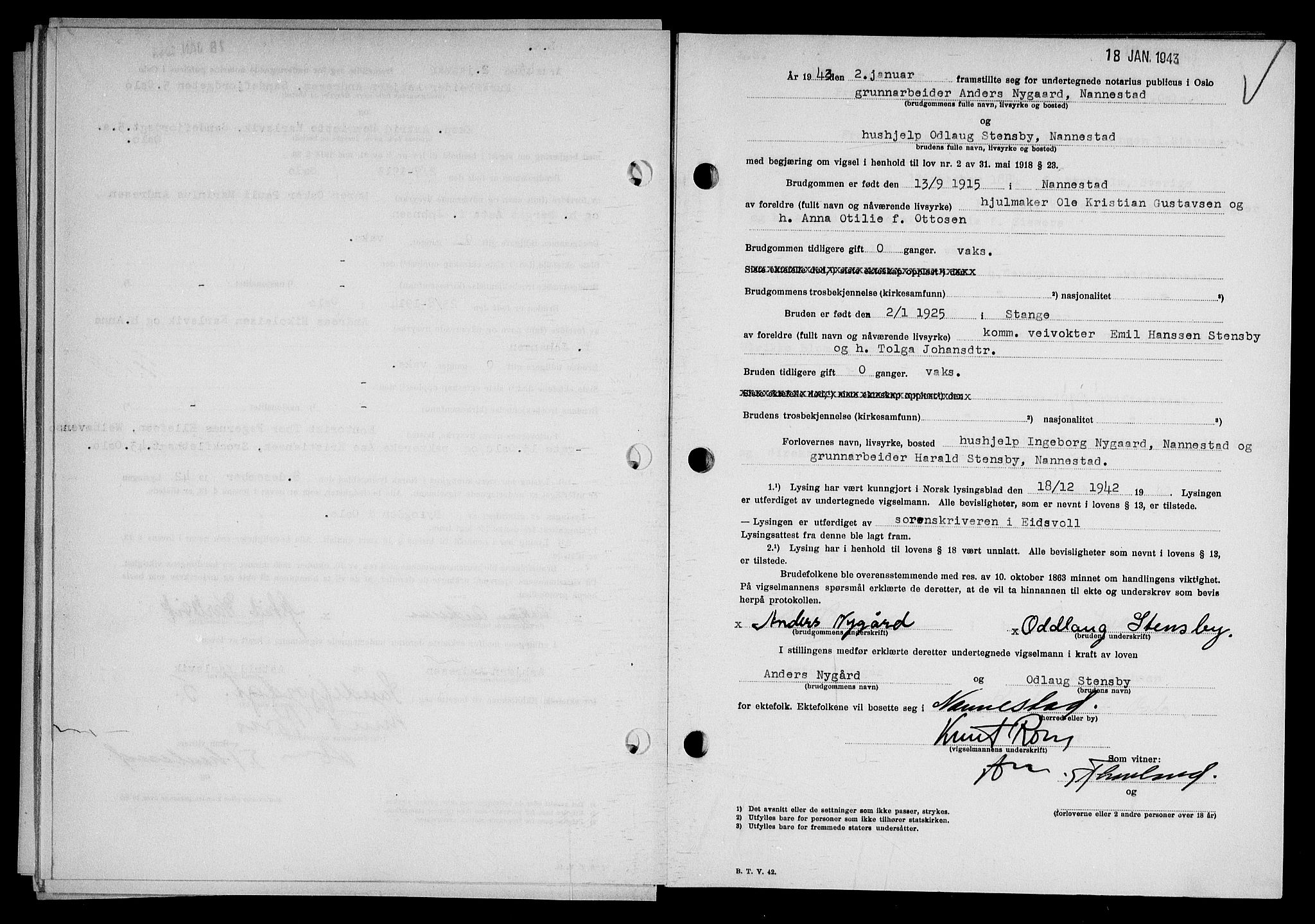 Oslo byfogd avd. I, AV/SAO-A-10220/L/Lb/Lbb/L0043: Notarialprotokoll, rekke II: Vigsler, 1943