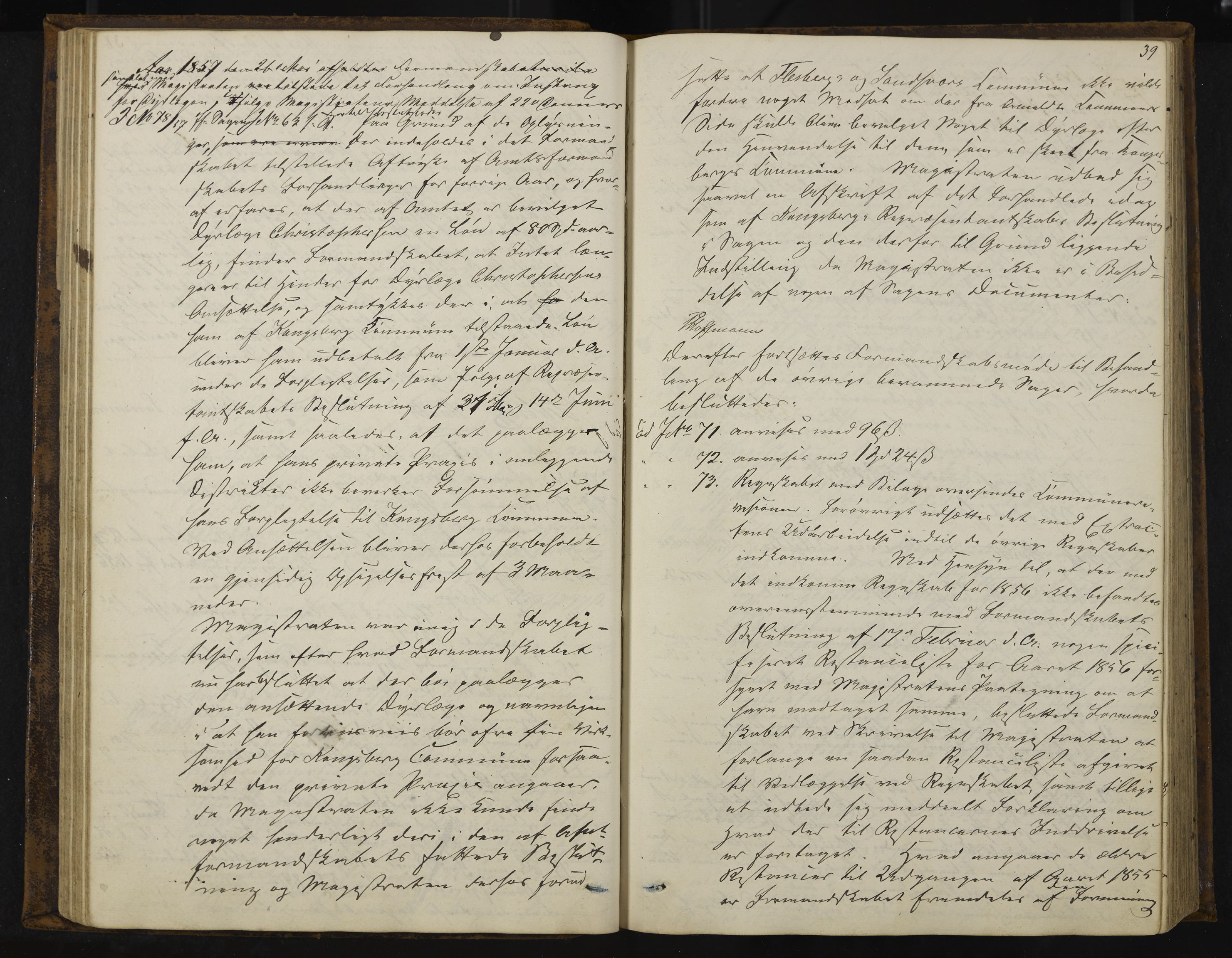 Kongsberg formannskap og sentraladministrasjon, IKAK/0604021-1/A/L0003: Møtebok med register, 1856-1861, s. 39